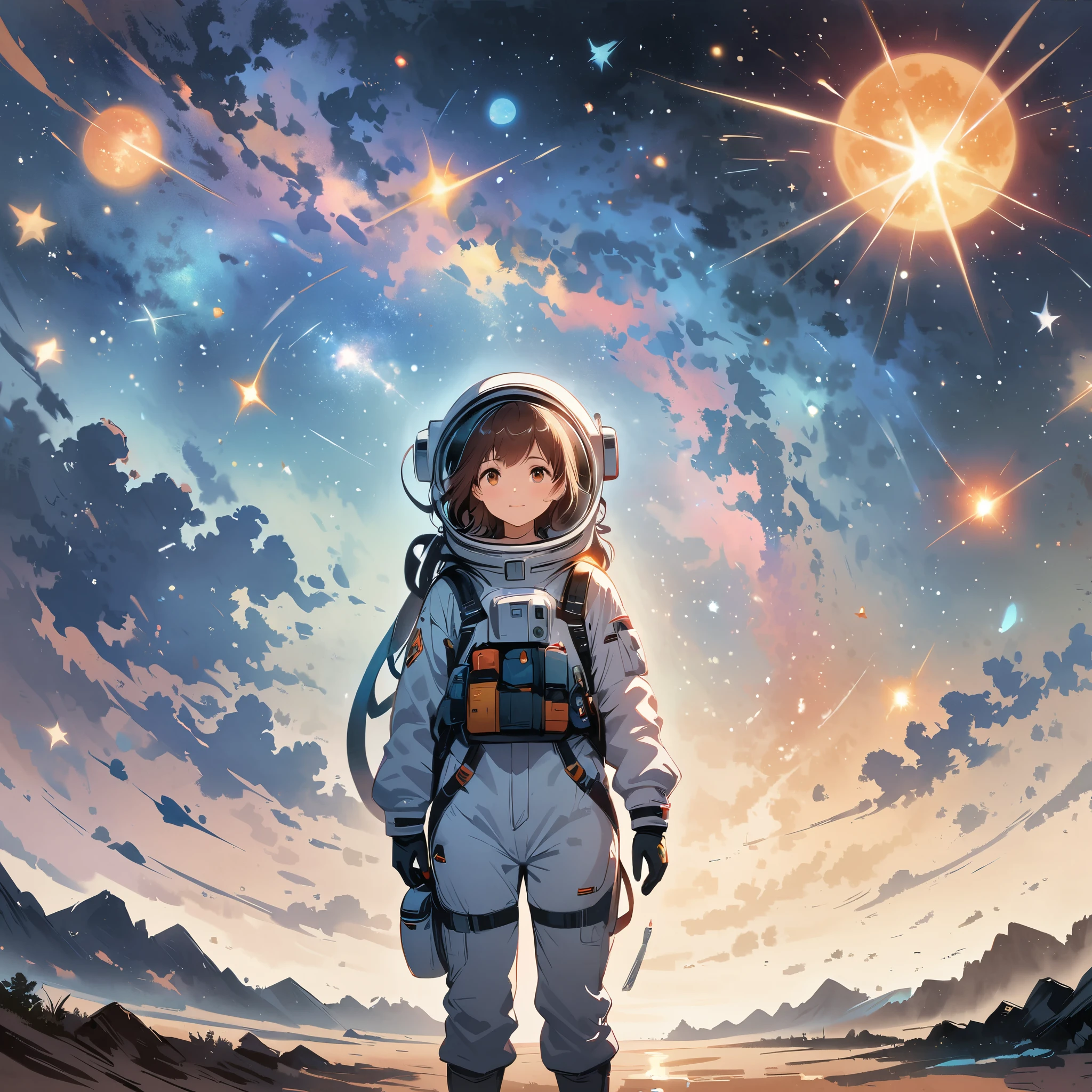 Movie poster: Girl in spacesuit floating in space, surrounded by the Milky Way, the universe.