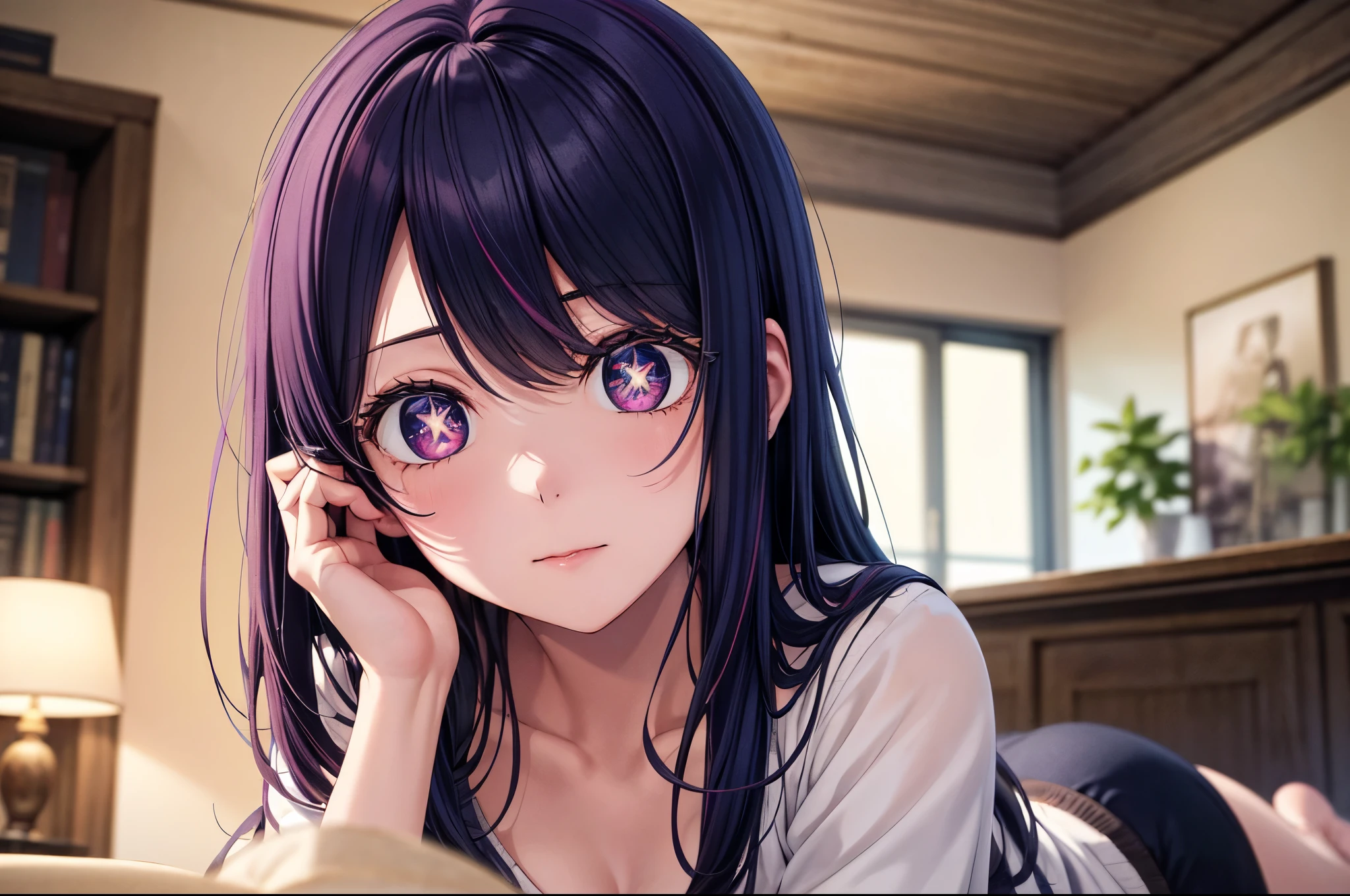 (8k, Ultra-high resolution, The best masterpiece, best quality:1.2), Very detailed, portrait, Half Body, side, focus on eyes, HD RAW photos, career arrest, High quality and beautiful, 超高清 8k 影像照片, confess, Professional photography, (actual, actual相片: 1.37), Very detailed的美麗女孩, Super delicate face shape, Contoured eyes, (Very detailed eyes), Delicate skin, (HD Skin:1.2), Neatly contoured fingers, (20:1.2), Twenty generations, cute girl, young beautiful mother, solo, Ai Hoshino, Hoshino Ai, (Wear comfortable loungewear), Vibrant look, (Layperson, Living room), Dynamic dark purple long hair, shiny purple eyes, (Star-shaped pupil:1.5), one hand raised, Sensual, warm, Exuding motherly love, perfect anatomy, Detailed background, HD Background, Volumetric lighting, actual, stunning details, 8k Ultra HD, high quality, CG unity, C4D Rendering, 3D Rendering, Octane Rendering,