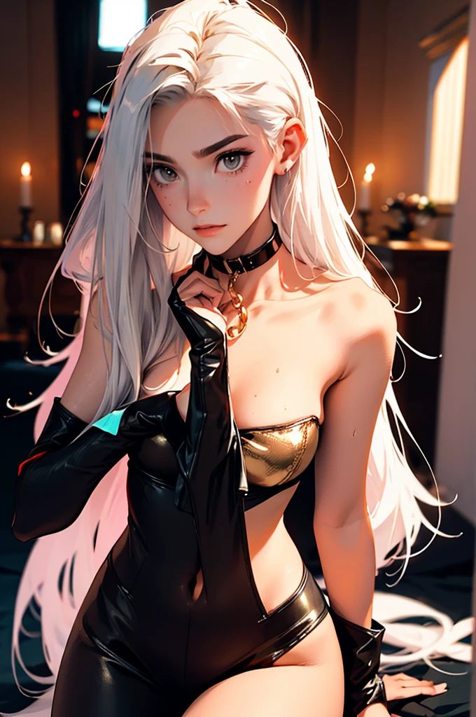 （lifelike， high - resolution：1.3）， 1 girl with a perfect body，slender body, Super fine face and eyes，assasin, dark makeup, shiny skin，white hair, (surrounded by monster, pig man), demons, beautiful captured girl, horror, dark, sexy, rough, , bdsm, golden chains, (golden leash), collar, beautiful bodies, slim, horror style, highly detailed faces, red silk underware, stockings, leather tight boots, closeup