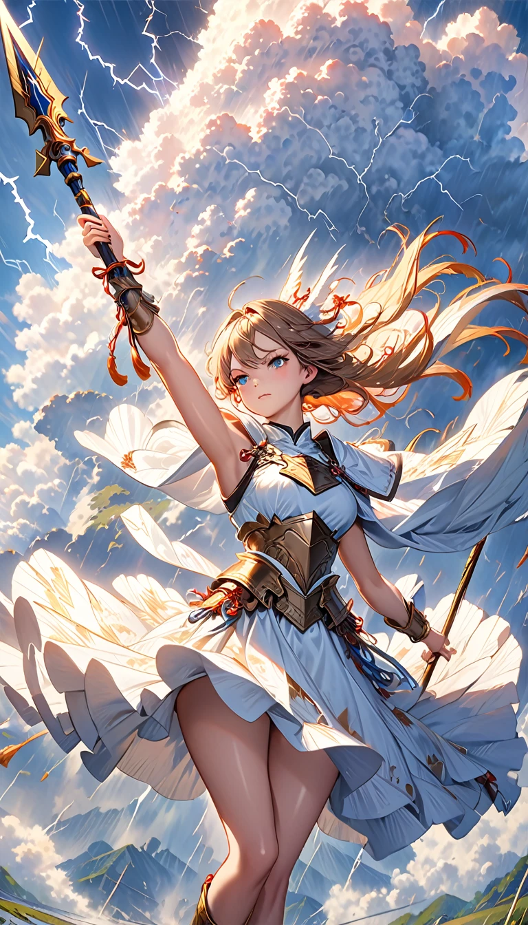 ((Highest quality)),(Ultra-high resolution),(Ultra-detailed New),(Detailed Description),((The best CG)),(masterpiece),Highly detailed art,A wonderful new art form,(Art with precise detail:1.5), (Thundercloud:1.6),(lightning:1.6), (Strong winds:1.6), (Raised arm holding a spear:1.7),(Powerful female angel:1.4),(Beautiful and well-proportioned face:1.3),(Winged Breastplate:1.6),(Dynamic pose:1.6),