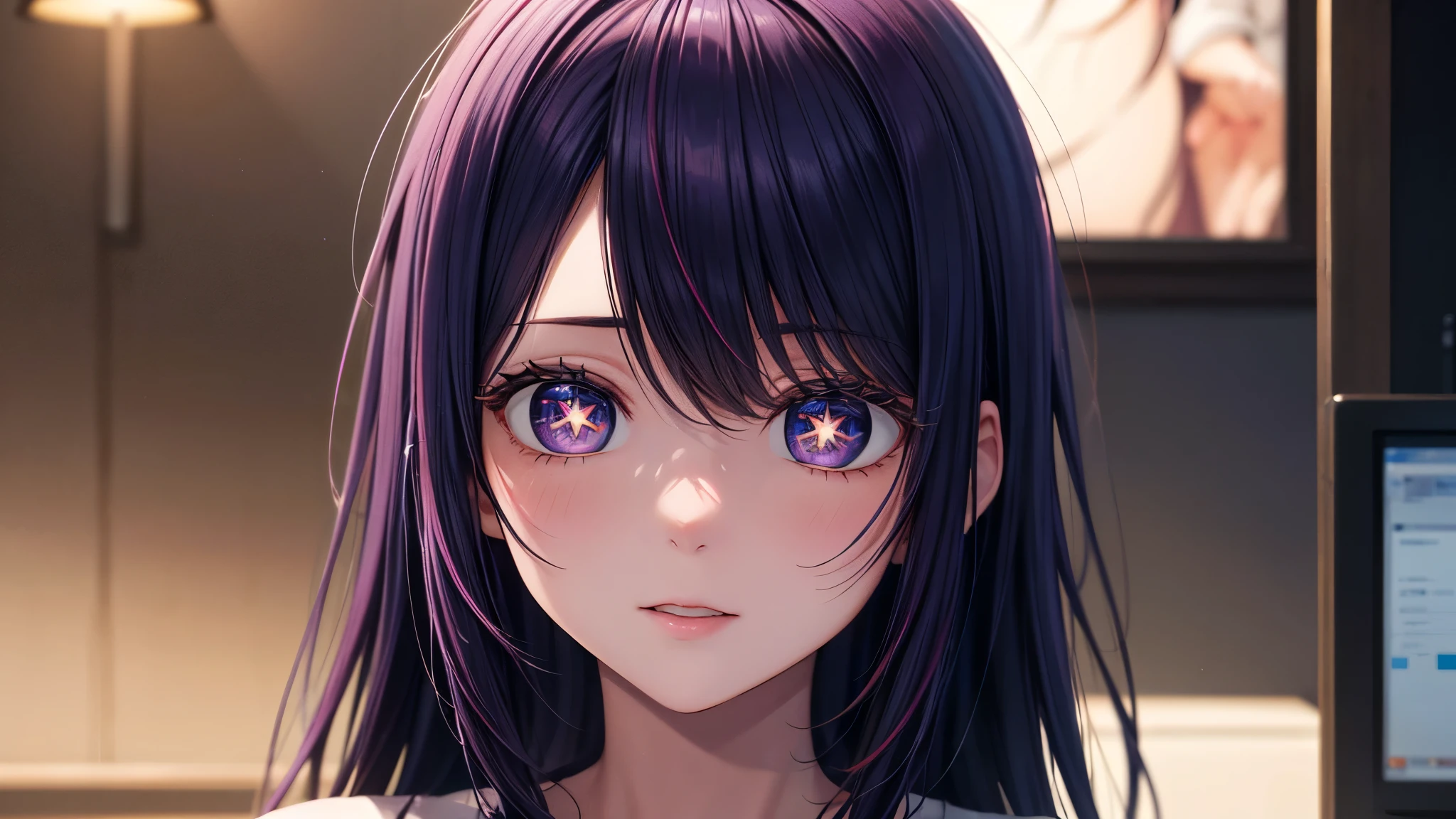 (8k, Ultra-high resolution, The best masterpiece, best quality:1.2), Very detailed, Complete Solution, (actual, actual photo: 1.37), portrait, HD RAW photos, career arrest, High quality and beautiful, 超高清 8k 影像照片, confess, Professional photography, Very detailed的美麗女孩, Super delicate face shape, Contoured eyes, (Very detailed eyes), Precisely shaped nose, expressive lips, Delicate skin, (HD Skin:1.2), Neatly contoured fingers, Every feature is carefully displayed, (20:1.2), Twenty generations, cute girl, young beautiful mother, solo, Ai Hoshino, Hoshino Ai, Permanent, Photography studio, Vibrant look, (Comfortable casual loungewear), Dynamic dark purple long hair, shiny purple eyes, (Star-shaped pupil:1.5), one hand raised, Sensual, A face that exudes maternal love, perfect anatomy, Detailed background, HD Background, Volumetric lighting, actual, stunning details, 8k Ultra HD, high quality, CG unity, C4D Rendering, 3D Rendering, Octane Rendering,
