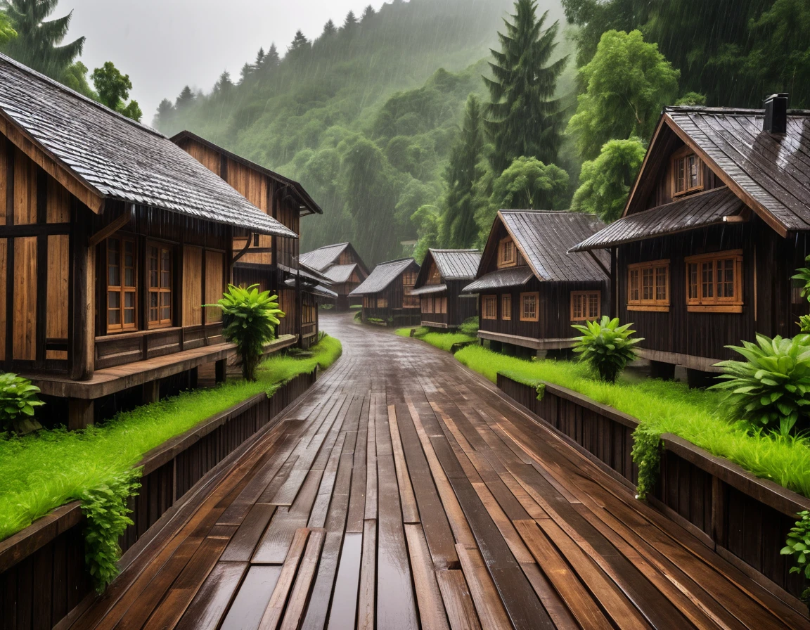 Wooden town with rectangular buildings built onlywith wooden boards, in a very rustic architecture. The city is surrounded by a large lush forest. The weather is very rainy.