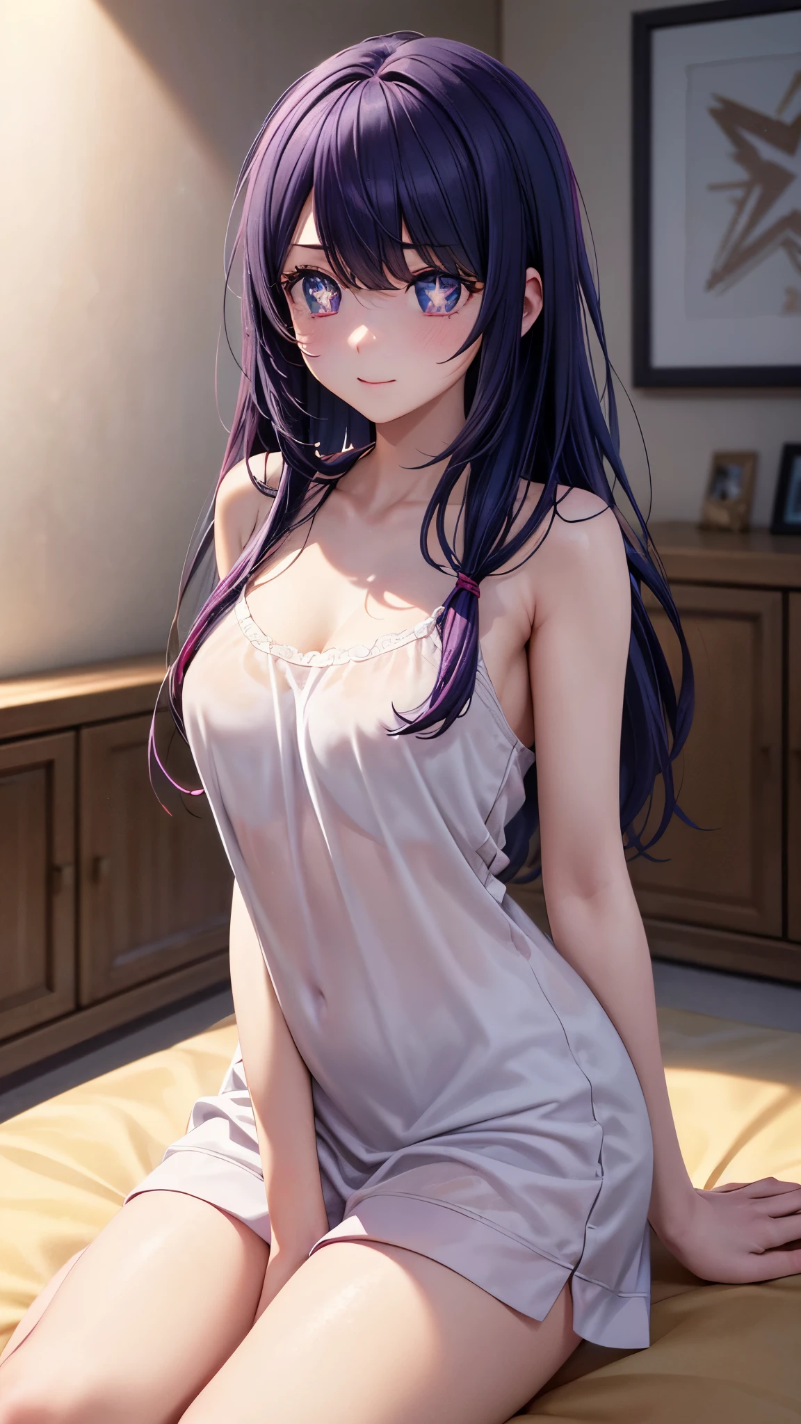 (8k, Ultra-high resolution, The best masterpiece, best quality:1.2), Very detailed, portrait, Half Body, side, focus on eyes, HD RAW photos, career arrest, High quality and beautiful, 超高清 8k 影像照片, confess, Professional photography, (actual, actual相片: 1.37), Very detailed的美麗女孩, Super delicate face shape, Contoured eyes, (Very detailed eyes), Delicate skin, (HD Skin:1.2), Neatly contoured fingers, (20:1.2), Twenty generations, cute girl, young beautiful mother, solo, Ai Hoshino, Hoshino Ai, (Wear comfortable loungewear), Vibrant look, (Layperson, Living room), Dynamic dark purple long hair, shiny purple eyes, (Star-shaped pupil:1.5), one hand raised, Sensual, warm, Exuding motherly love, perfect anatomy, Detailed background, HD Background, Volumetric lighting, actual, stunning details, 8k Ultra HD, high quality, CG unity, C4D Rendering, 3D Rendering, Octane Rendering,