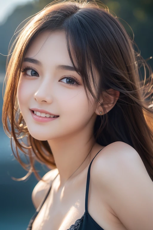 (Surreal), (Consciousness upward), (High resolution), (8k), (Very detailed), (The best Consciousness upwardns), (Beautiful and detailed), (Highest quality), (Very detailedな), (masterpiece), (Detailed face), Big eyes,Sweaty, Slender body, Long Hair,Colored inside,alone,A girl wearing a simple black bikini, Huge , smile, Sea of night, moon, 16 years old, See through，Beautiful and fair、Glowing Skin, 3 Up, Nice, bright, Refreshing and gentle look, Perfect beautiful face, Highly realistic photos, High resolution, Detailed face