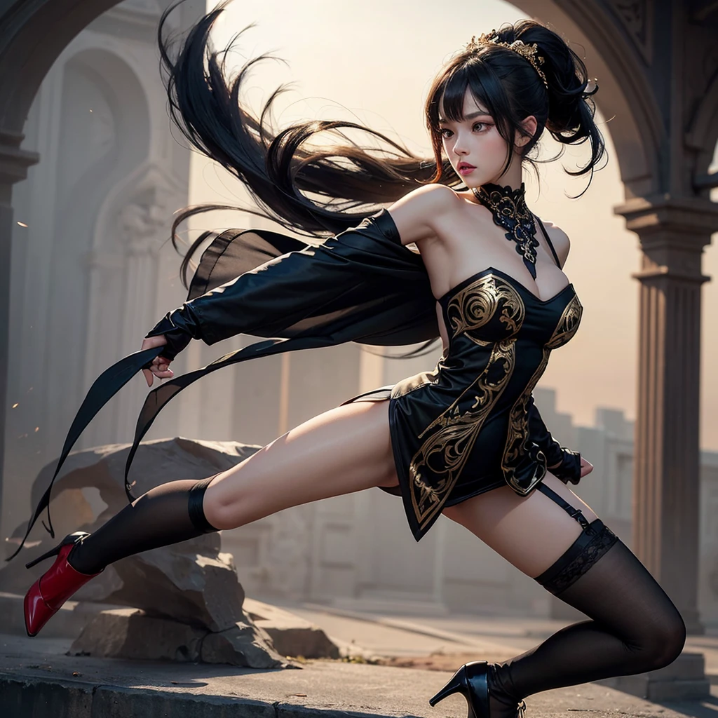 
- Female character with a determined expression
- Long, black hair tied in a low ponytail with bangs framing her face
- Gold hair accessories with red accents, placed on both sides of her head
- Wearing a black, sleeveless dress with red lining and intricate design
- Dress has crisscross straps over her shoulders and a high slit revealing her thigh
- Black thigh-high stockings with a garter belt
- Black high-heeled shoes
- Fingerless black gloves
- Holding two golden daggers, ready for action
- Lean and athletic build
- Mid-action pose, suggesting agility and combat readiness,One girl, solo, Long Hair, High resolution, Large Breasts, Slender figure, No background