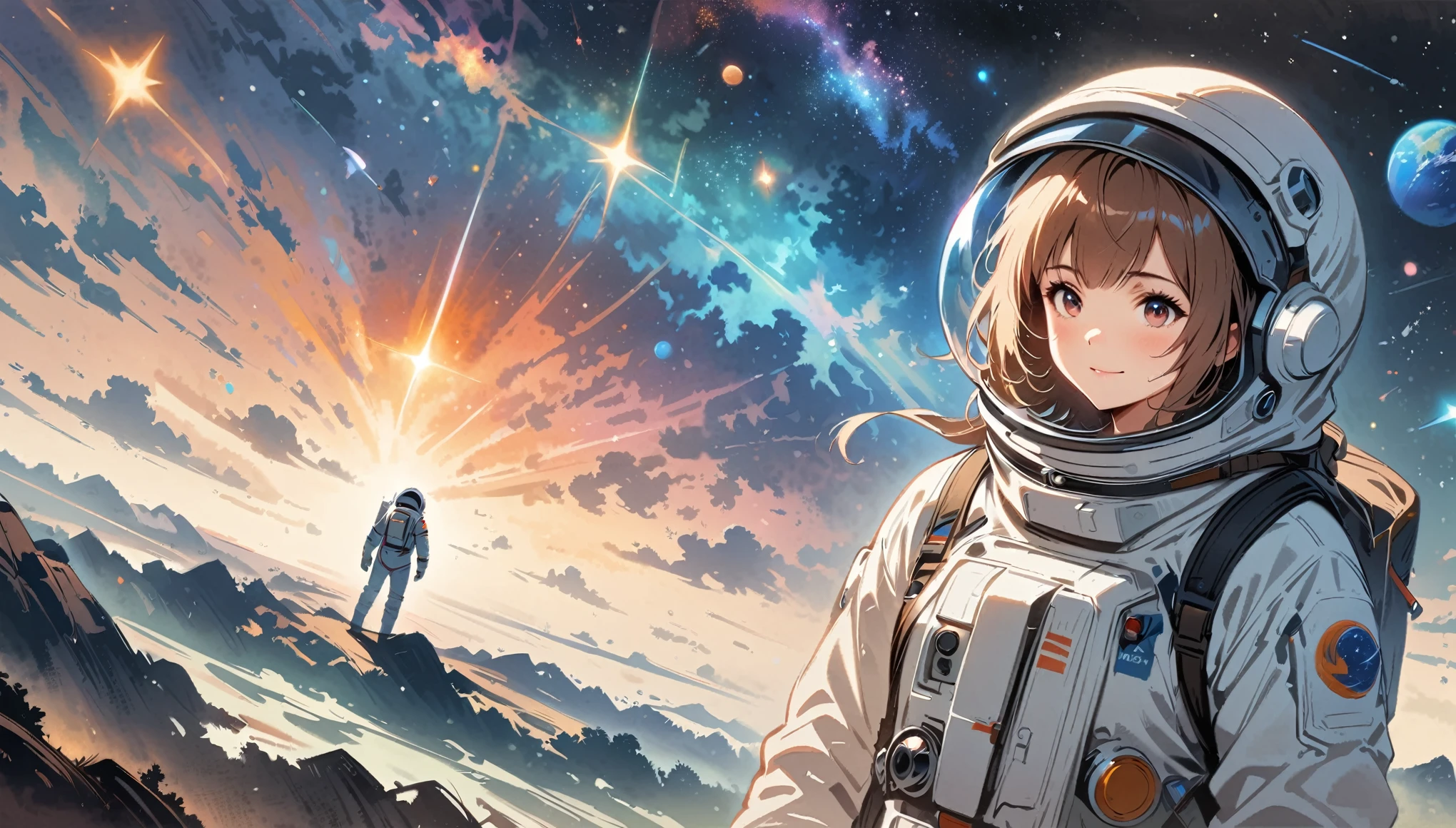 Movie poster: Girl in spacesuit floating in space, surrounded by the Milky Way, the universe.