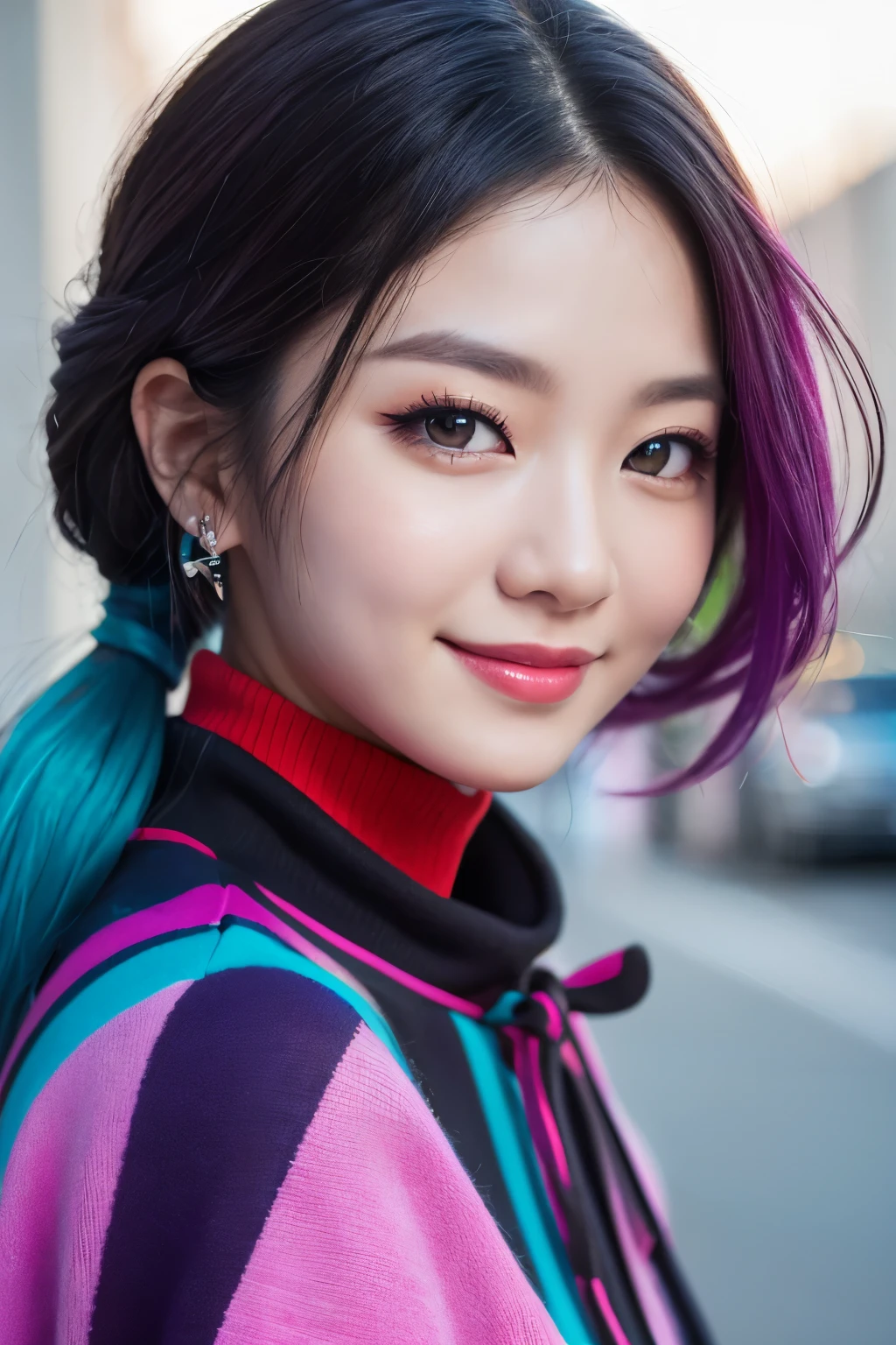high quality, real、High resolution, Realistic、8k、masterpiece, detailed.impressive, Cutting-edge female photography portraits,Showcasing a bold and daring street-art style、cool smile、Looking at the camera、Facing forward、cyan, and purple, Her vibrant makeup really catches the eye.. Her colorful hair is tied up high, No sleeve