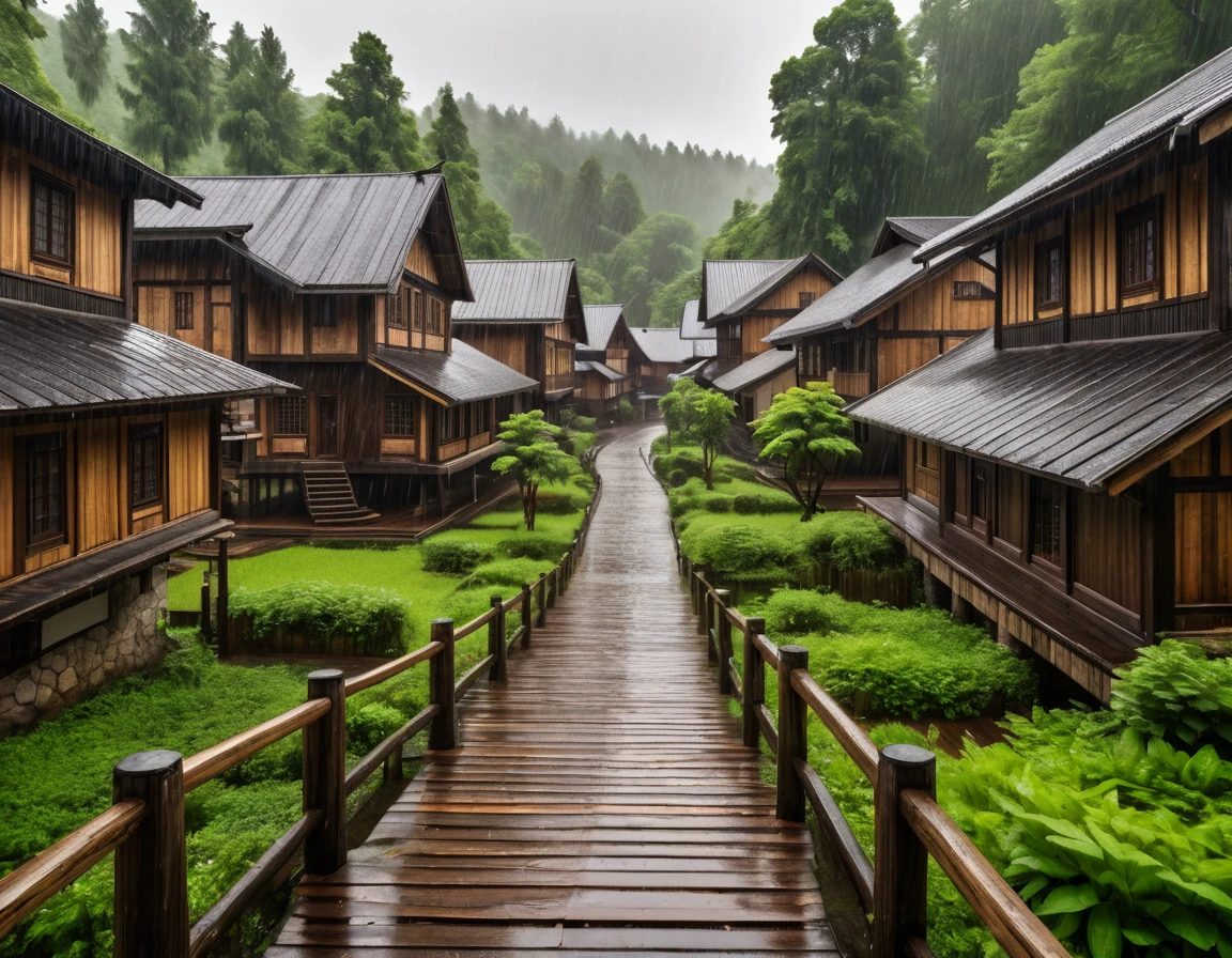 Wooden town with large rectangular buildings built onlywith wooden boards, in a very rustic architecture. The city is surrounded by a large lush forest. The weather is very rainy.