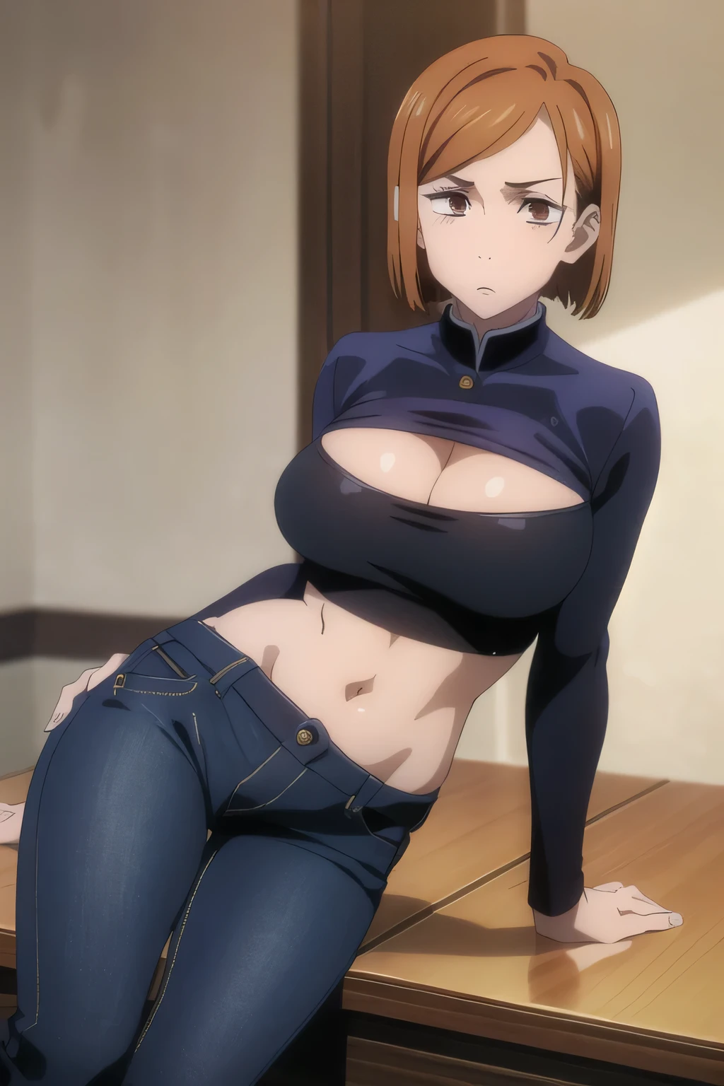 (masterpiece), (best quality), (ultra-detailed), (best illustration), (best shadow), (absurdres), nobarakugisakinova, short hair, orange hair, (((brown eyes))), kugisaki nobara, ((, wearing black mini bra with skinny jeans , large breasts ,cleavage ,)), 1girl, solo, bangs, closed mouth, hevely blushing , looking at viewer, upperbody body