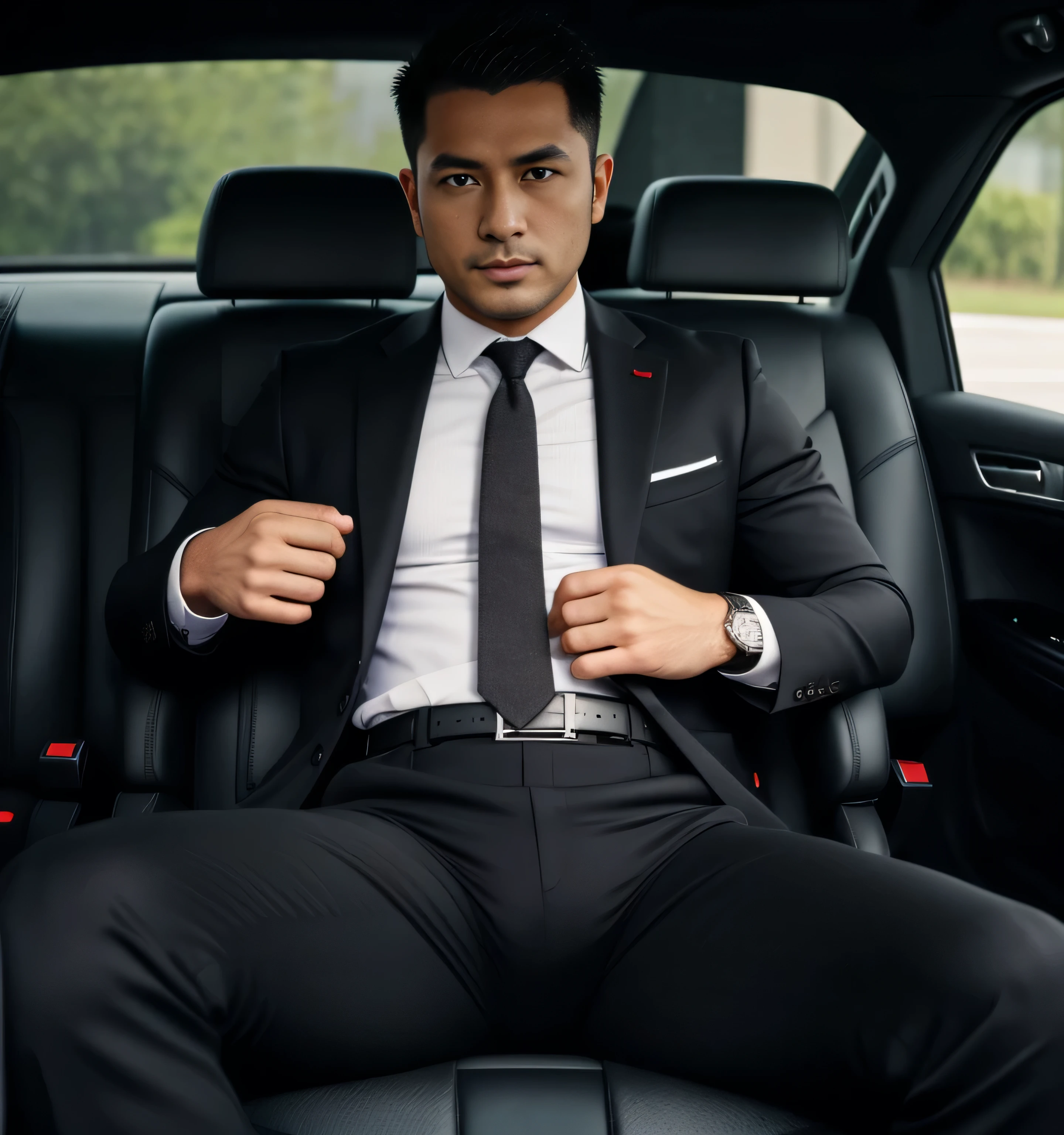 30 years old,One Man,Black Suit,Inside the car、Salaryman、legs wide open、The crotch area of the pants is bulging,logic,Gay ,Short Hair,Short Hair、Stubble,Turk,Black Belt。Handsome