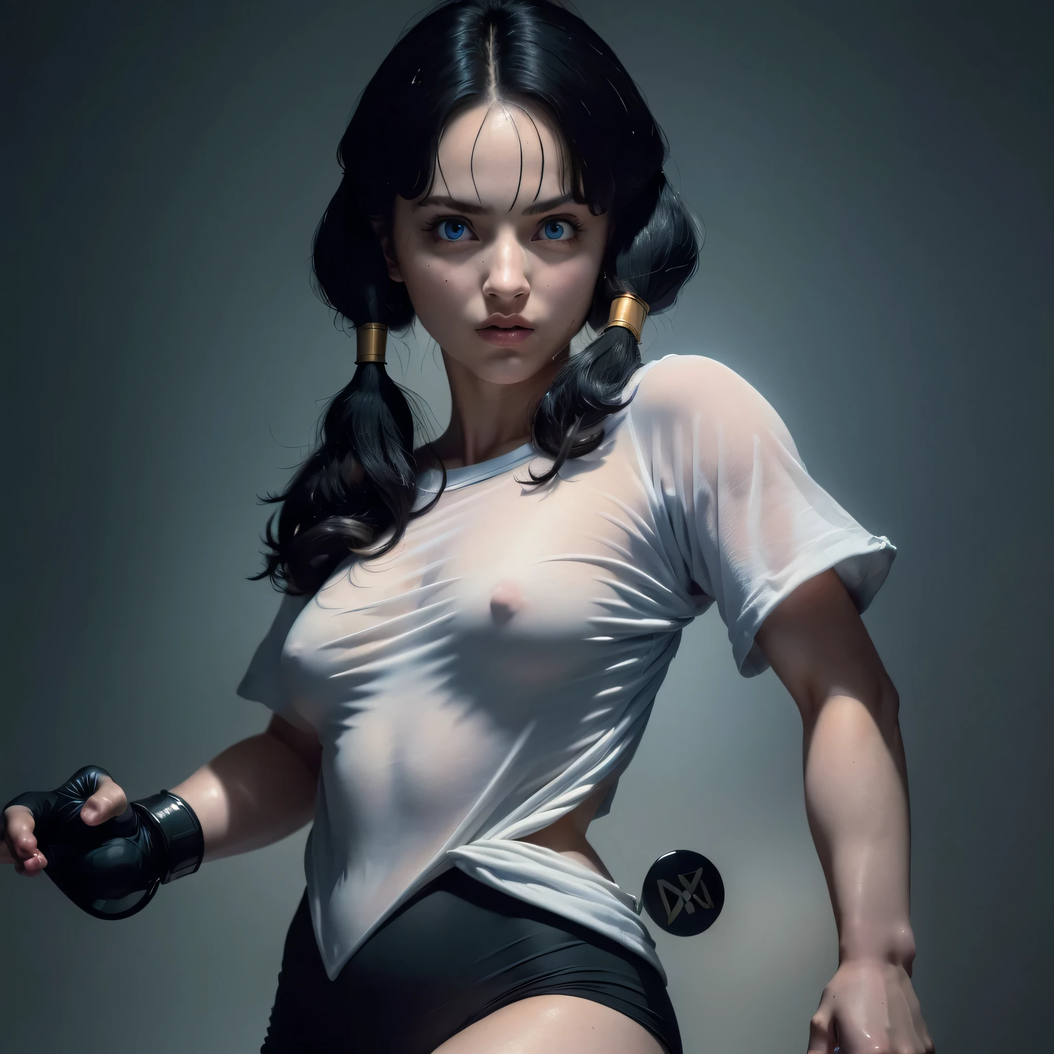 ((Masterpiece:1.4)), (high resolution:1.4), (fight pose:1,5), videl2, solo, blue eyes, black hair, twintails, black gloves, bike_shorts, bangs, white shirt, badge, medium breasts, beautiful face, highly detailed skin, skin pores,(highly detailed face:1.1), (highly detailed eyes:1.1), realistic pupils, full face blush, full lips, (perfect anatomy:1.1), (perfect proportions:1.1), (photography:1.1), (photorealistic:1.1), volumetric lighting, dynamic lighting, real shadows, (highres:1.1), sharp focus, rembrandt lighting, (realistic, hyperrealistic:1.4), intricate, high detail, dramatic, subsurface scattering, big depth of field, vivid, polished, sharpened, ((full Sharp)), (extremely absurdres),16k hdr,