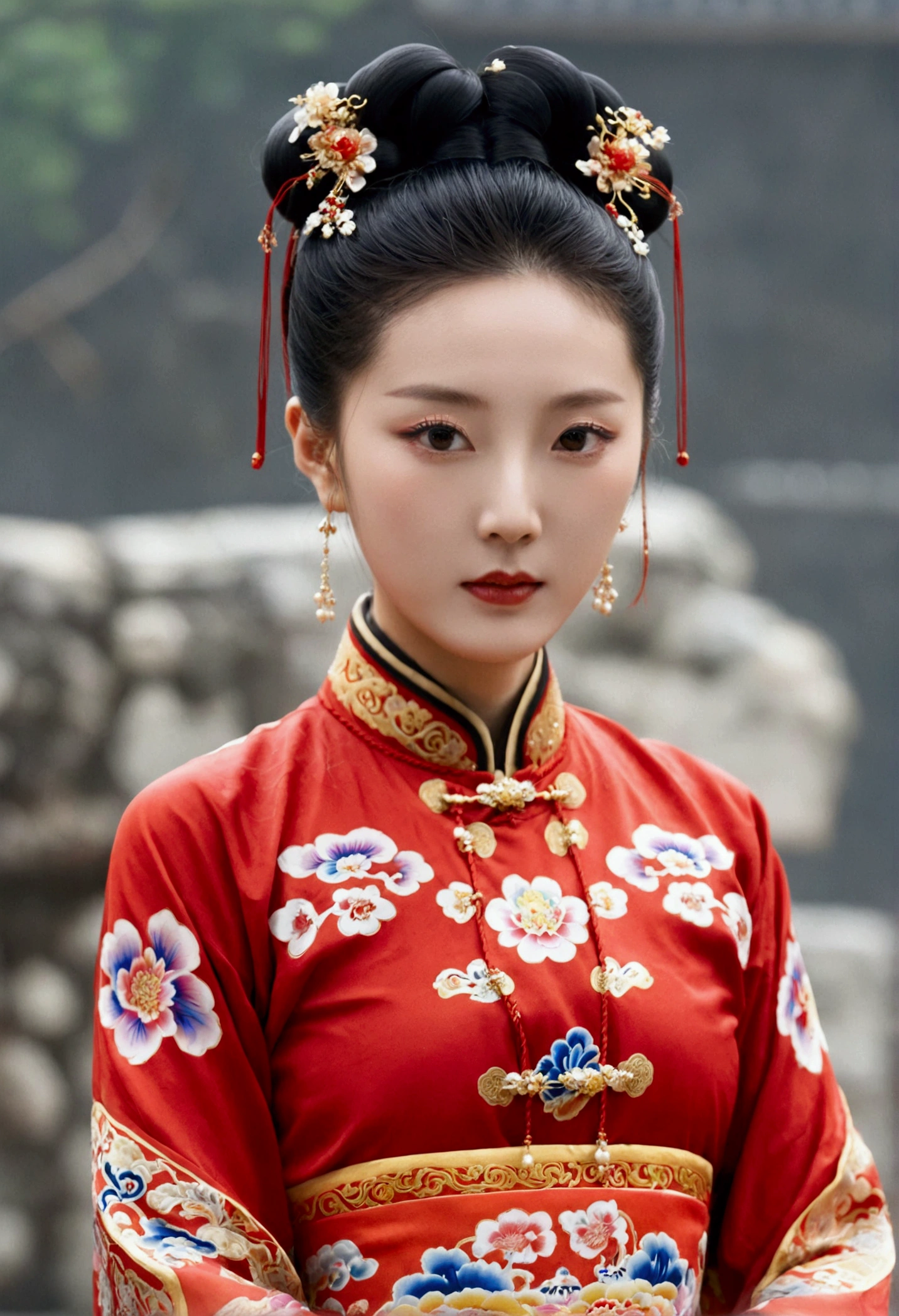 Front view、On the cobblestones outside the Qing Dynasty Palace、Empress Qing Dynasty、She is wearing a red Manchu outfit with a gorgeous floral pattern, and her hair is tied up and pulled up.、Nude model showing big bare nipples and hairy pussy、