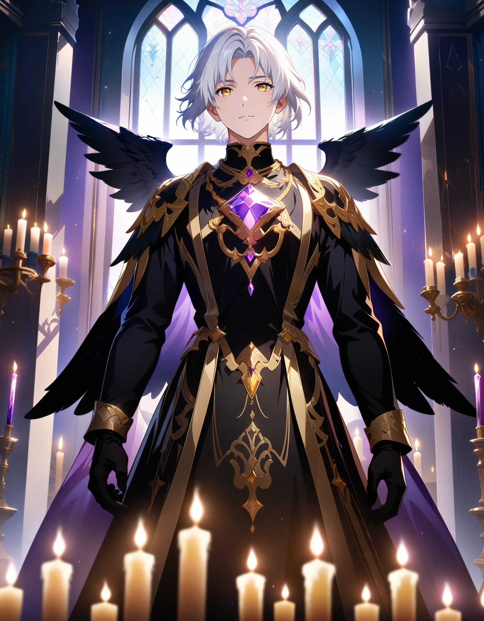 masterpiece, best quality, Detailed eyes, detailed face, Solo, Male, ((man)), 1man, athletic build, Aasimar, short hair, ((White Hair)), golden eyes, ((gold eyes)), black outfit, (Wearing black clothes), Gold Trim, wearing a crystal necklace, (((purple crystal))), wings, angle wings, ((black wings)), holding a candle, window, behind character, (light coming from behind window), candles in background, (full body portrait), (facing viewer), (extremely detailed CG unity 8k wallpaper), (best quality), (best illustration), (best shadow), absurdres, realistic lighting, Dynamic lighting, beautiful detailed glow,