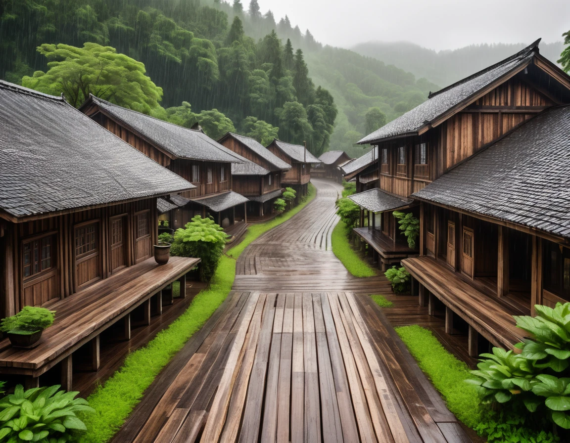 Wooden town with large and tall rectangular buildings built onlywith wooden boards, in a very rustic architecture. The city is surrounded by a large lush forest. The weather is very rainy.