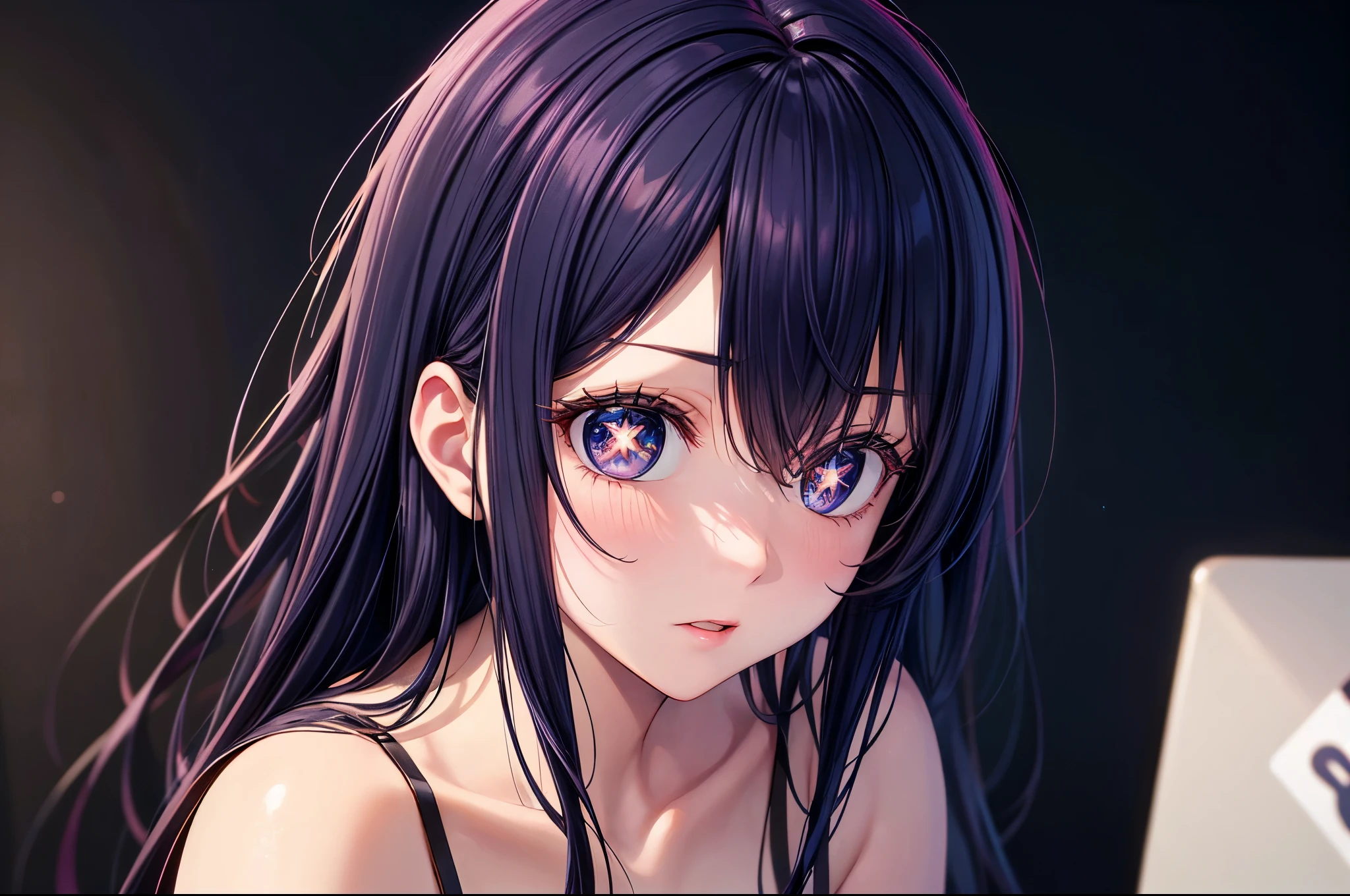 (8k, Ultra-high resolution, The best masterpiece, best quality:1.2), Very detailed, Complete Solution, (actual, actual photo: 1.37), portrait, HD RAW photos, career arrest, High quality and beautiful, 超高清 8k 影像照片, confess, Professional photography, Very detailed的美麗女孩, Super delicate face shape, Contoured eyes, (Very detailed eyes), Precisely shaped nose, expressive lips, Delicate skin, (HD Skin:1.2), Neatly contoured fingers, Every feature is carefully displayed, (20:1.2), Twenty generations, cute girl, young beautiful mother, solo, Ai Hoshino, Hoshino Ai, Permanent, Photography studio, Vibrant look, (Comfortable casual loungewear), Dynamic dark purple long hair, shiny purple eyes, (Star-shaped pupil:1.5), one hand raised, Sensual, A face that exudes maternal love, perfect anatomy, Detailed background, HD Background, Volumetric lighting, actual, stunning details, 8k Ultra HD, high quality, CG unity, C4D Rendering, 3D Rendering, Octane Rendering,
