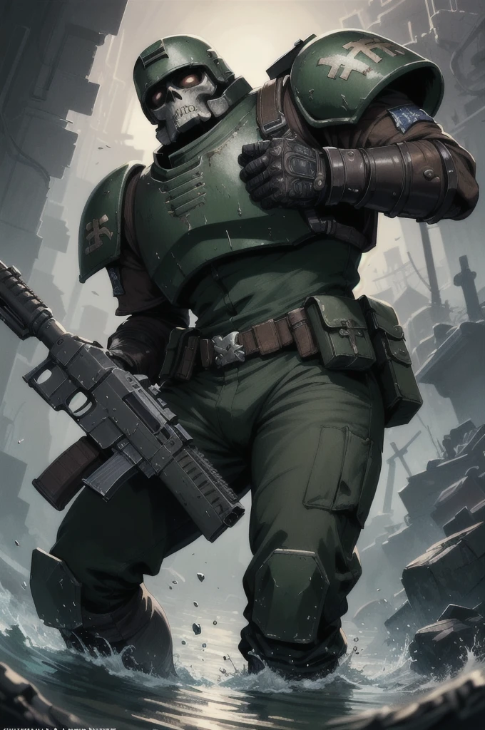 THEPIT, warhammer 40k imperial guardsman, green armor, light armor, shirt, heavy rifle, ammo belt, rugged face, tactical pants, soldier, modern infantry,skull, spikes, knee deep water, toxic water, (masterpiece:1.2) (illustration:1.2) (best quality) (detailed) (intricate) (8k) (HDR) (wallpaper) (cinematic lighting) (sharp focus)(highly detailed face) 