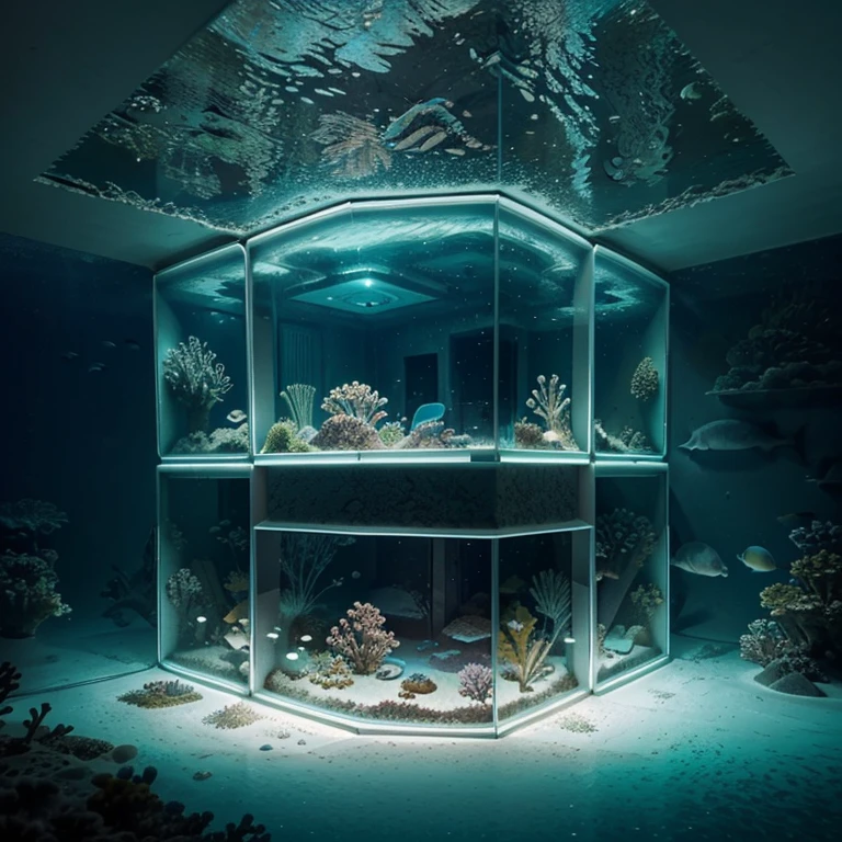 an underwater dwelling，Modern houses submerged under the sea. Transparent walls offer immersive views of marine life, Create an unparalleled connection with the underwater world. Bioluminescent trim enhances interior aesthetics, Transform your house into a living aquatic masterpiece