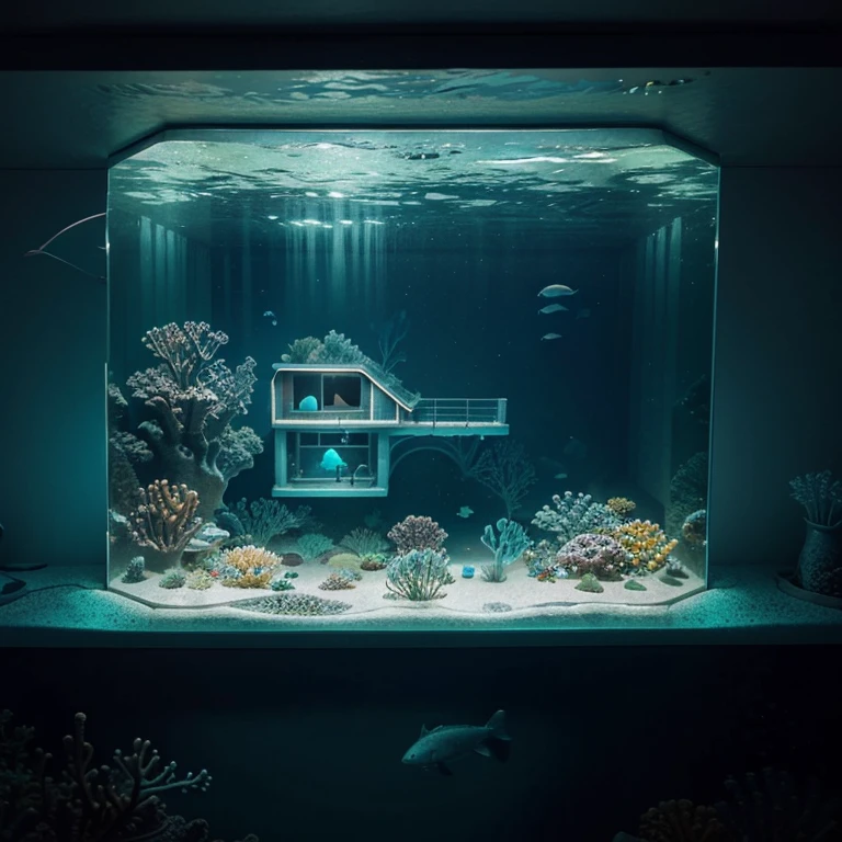 an underwater dwelling,Modern houses submerged under the sea. Transparent walls offer immersive views of marine life, Create an unparalleled connection with the underwater world. Bioluminescent trim enhances interior aesthetics, Transform your house into a living aquatic masterpiece