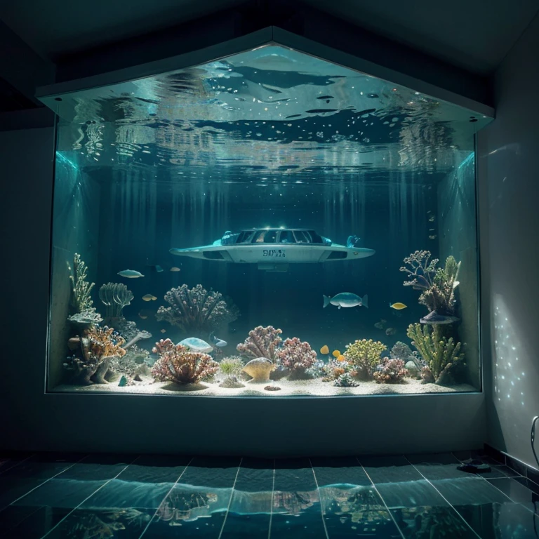 an underwater dwelling,Modern houses submerged under the sea. Transparent walls offer immersive views of marine life, Create an unparalleled connection with the underwater world. Bioluminescent trim enhances interior aesthetics, Transform your house into a living aquatic masterpiece