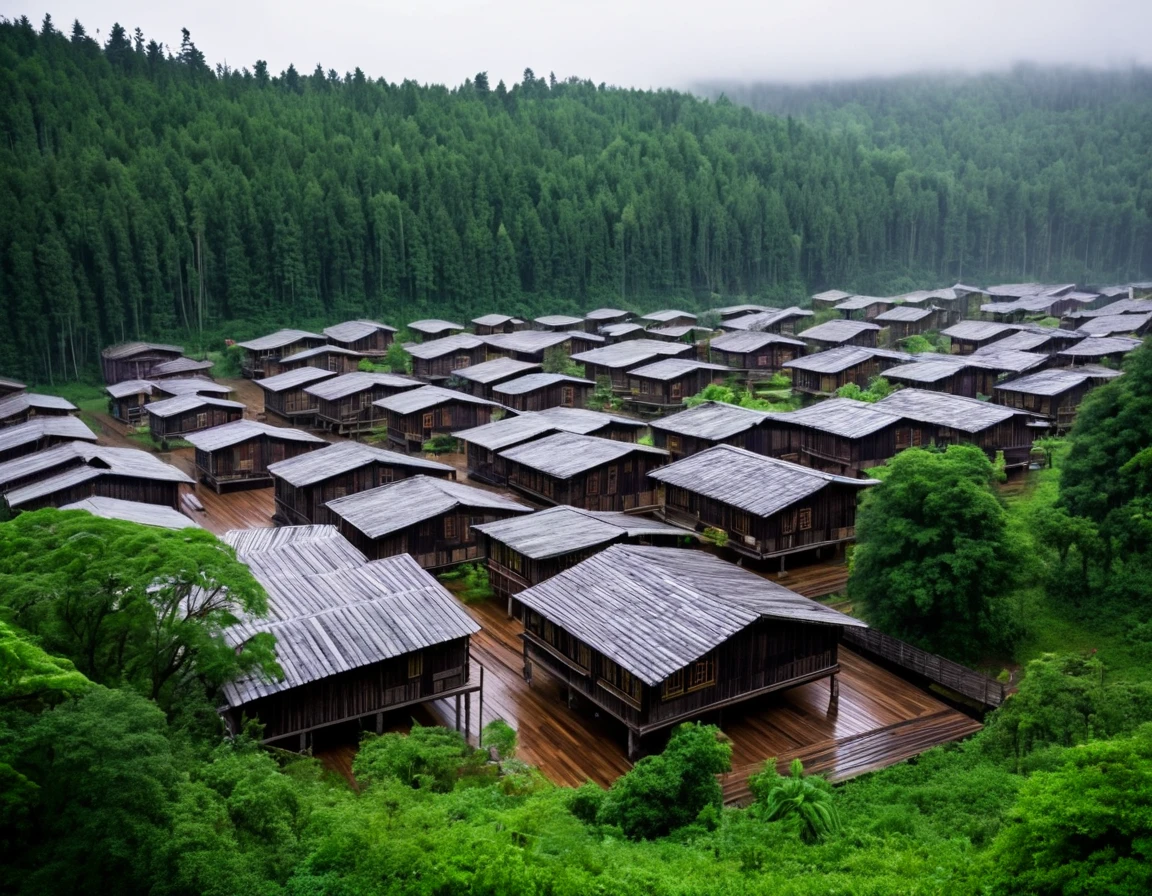 Wooden town with large and tall rectangular buildings built onlywith wooden boards, in a very rustic architecture. The city is surrounded by a large lush forest. The weather is very rainy.