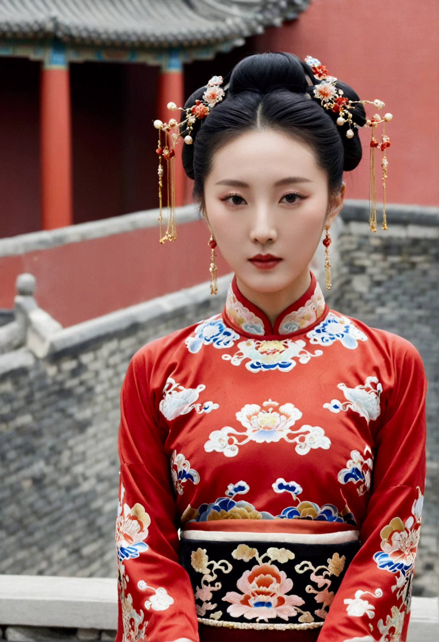 Front view、On the cobblestones outside the Qing Dynasty Palace、Empress Qing Dynasty、She is wearing a red Manchu outfit with a gorgeous floral pattern, and her hair is tied up and pulled up.、Nude model showing big bare nipples and hairy pussy、