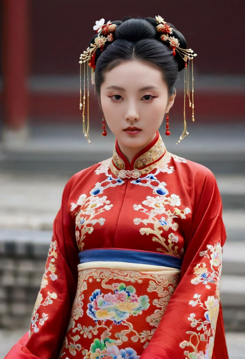 Front view、On the cobblestones outside the Qing Dynasty Palace、Empress Qing Dynasty、She is wearing a red Manchu outfit with a gorgeous floral pattern, and her hair is tied up and pulled up.、Nude model showing big bare nipples and hairy pussy、