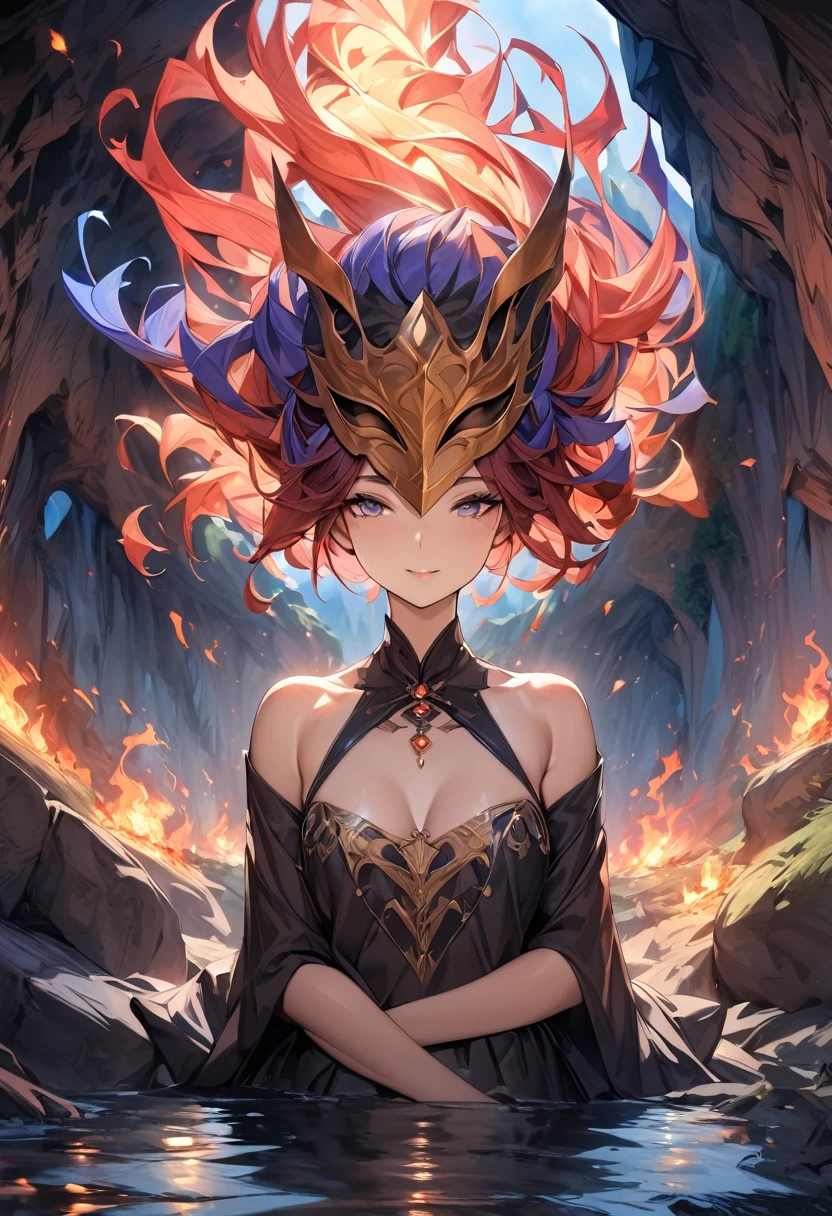 high resolution, masterpiece, best quality, full-body shot, Tempting, 完美的light, (in cave:1.1), (Fire Keeper), Very delicate beautiful face, Practical, Eight thousand, HDR, masterpiece detailed, Surrealism, light, aldult, Perfect skin, woman, Looking at the audience, portrait,Wearing a jeweled mask