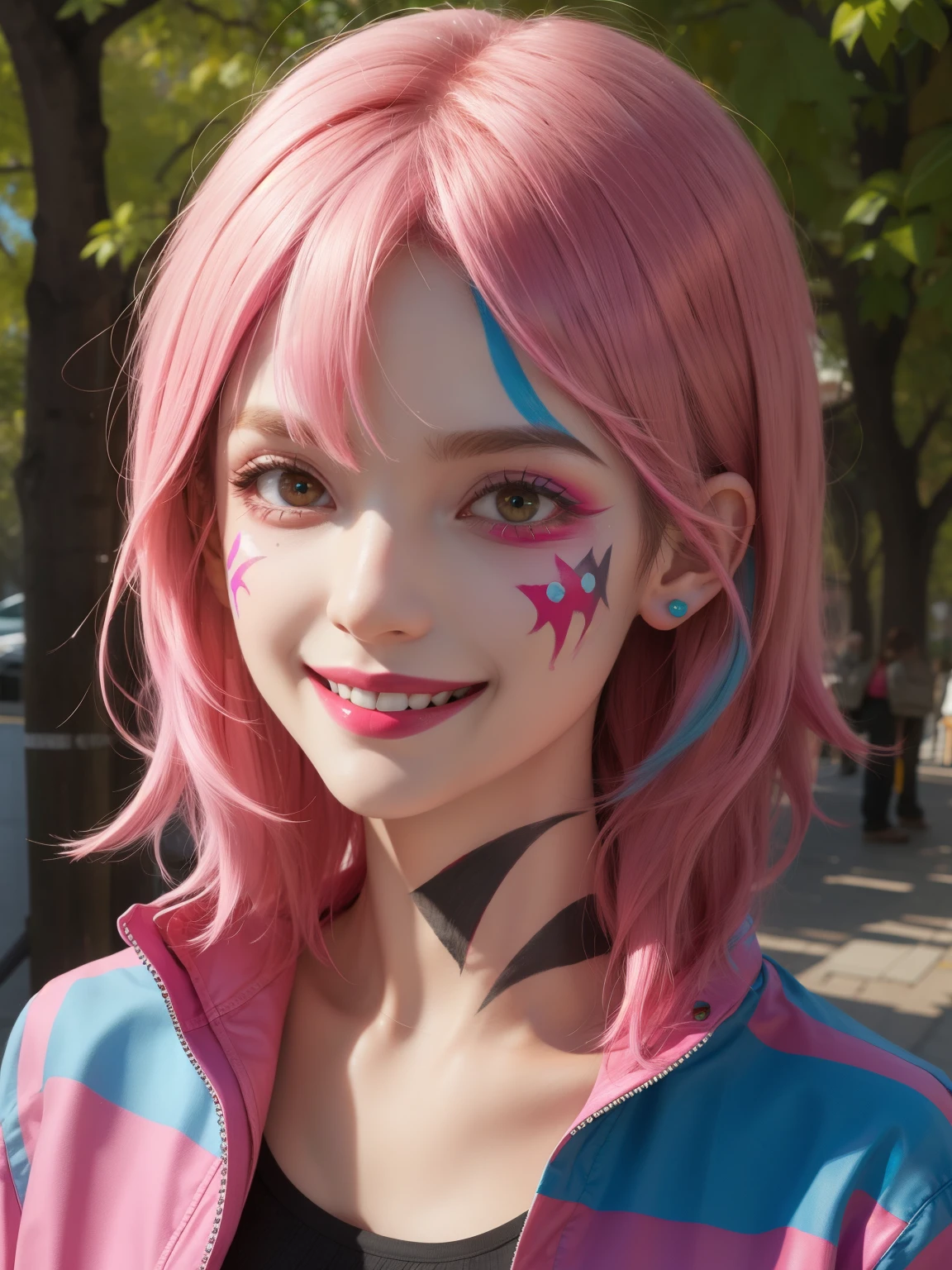 woman, face paint, facepaint, hot pink hair, bangs, jacket, grin, outdoors