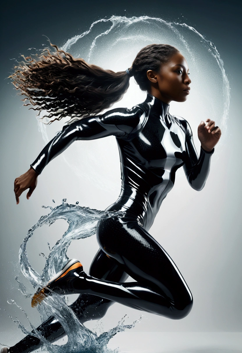 photorealistic double exposure of, a black_metal panther{(running stance)(shiny)(reflective metal texture)(sleek and polished)}{BREAK}1girl, sprinter athlete in motion, blurred edges, slow shutter speed motion photography, shot on FujiFilm XT4 camera f/2. ISO 200, long hair, dramatic light, intricate detailed, a water element transition movement of color background(face detailed:1.5)