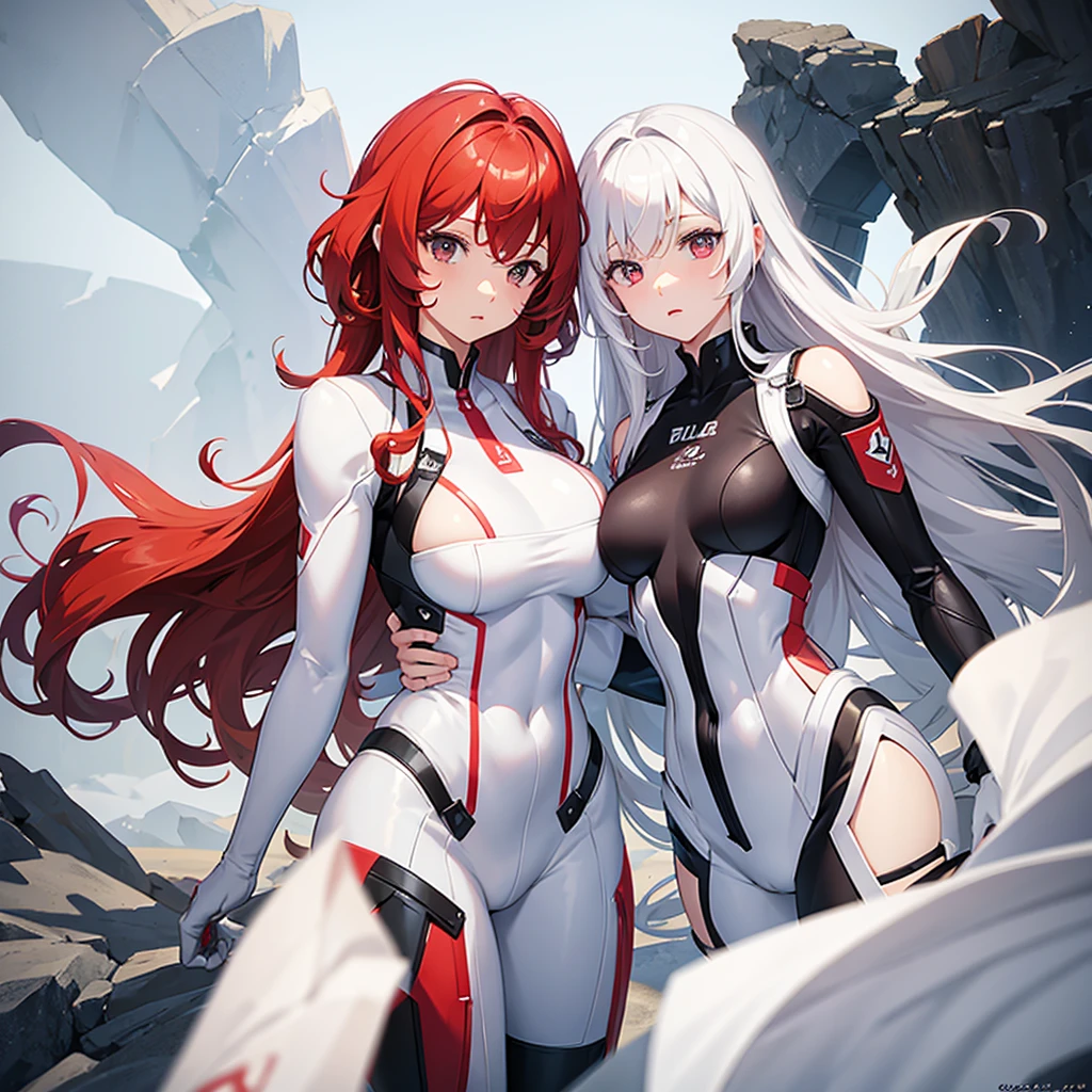 Female, medium breast size, white and red hair, curly hair, white skin tone, black soldier suit