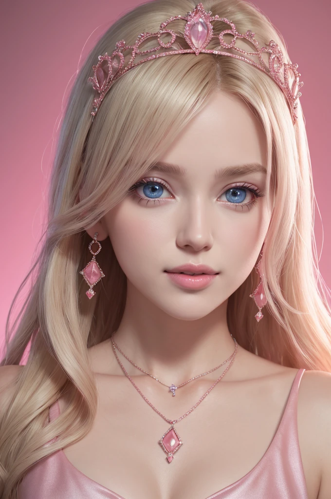 1girl,star blue eye,blush,perfect illumination,upper body,3DMM,blonde hair,long hair,jewelry,gradient pink background,pink dress,earrings,pink dress,realistic,necklace,looking at viewer,tiara,pink lips,light smile,unreal engine,side lighting,detailed face,bangs,bright skin