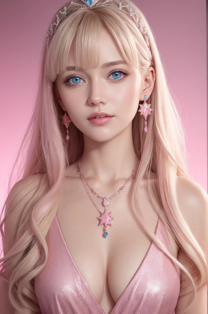 1girl,star blue eye,blush,perfect illumination,upper body,3DMM,blonde hair,long hair,jewelry,gradient pink background,pink dress,earrings,pink dress,realistic,necklace,looking at viewer,tiara,pink lips,light smile,unreal engine,side lighting,detailed face,bangs,bright skin