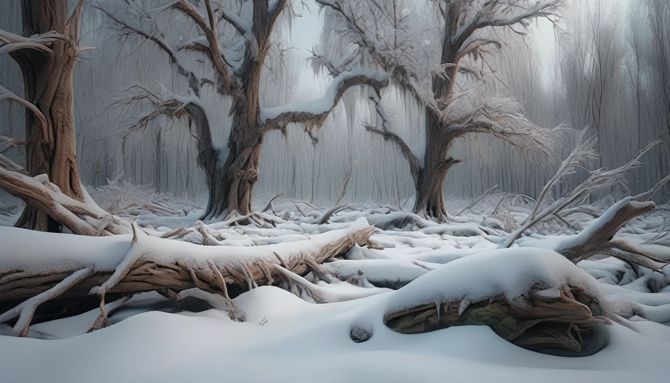 a snowy forest,winter landscape,frozen trees,ice-covered branches,thick snow on the ground,moody lighting,cold atmospheric lighting,overcast sky,dramatic mood,cinematic composition,stunning scenery,breathtaking view,beautiful details,highly detailed,photorealistic,8k,award winning photography,masterpiece