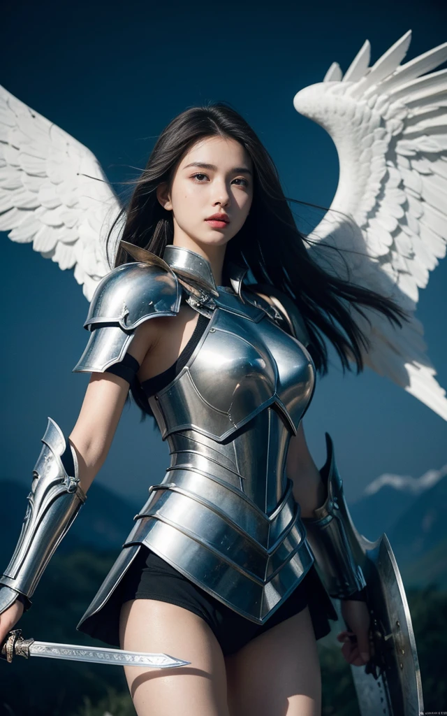 Ultra-high resolution，High-resolution details，18-year-old beauty，Exquisite facial features，Sexy lips，A powerful angel in heavenly armor, Sword with shield, Black wings, The Bad Guys，Be prepared for battle ，Background of the battle between the two armies，Imposing