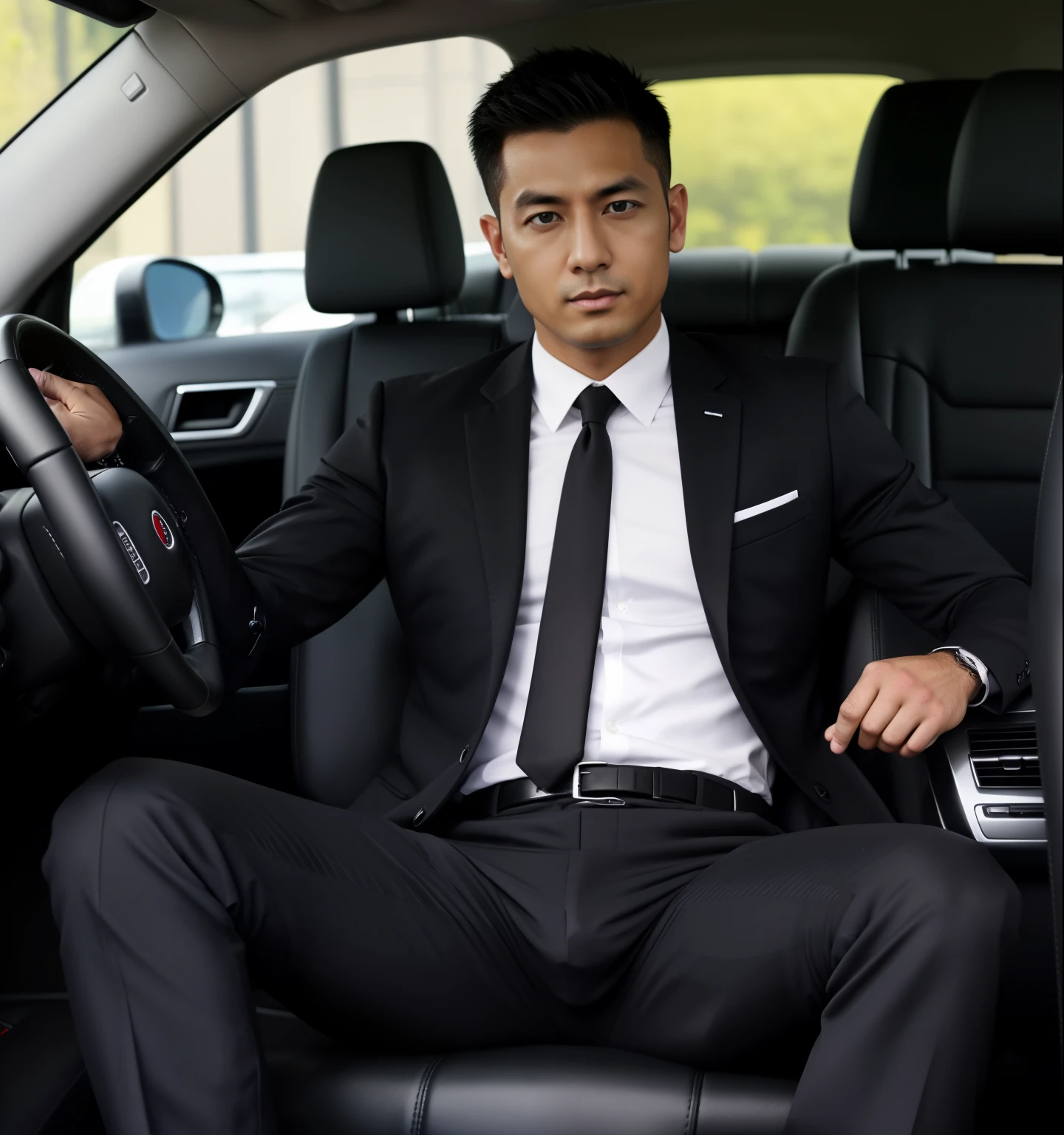30 years old,One Man,Black Suit,Inside the car、Salaryman、legs wide open、The crotch area of the pants is bulging,logic,Gay ,Short Hair,Short Hair、Stubble,Turk,Black Belt。Handsome