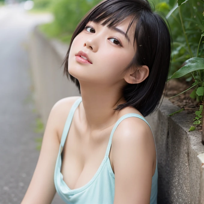 Japanese beautiful girl、Semi-short hair、Black Hair、Looks 、Half-open lips、Clear eyes、Plump cheeks、Plump lips、Innocent expression、Tank top、field、Half-open mouth、Dark Skin、Detailed skin texture、Photorealistic images、Photographic quality、Yayoi、Cleavage、Summer Beautiful Girl、Forward bending pose、Looking up、Splash、Summer Beautiful Girl