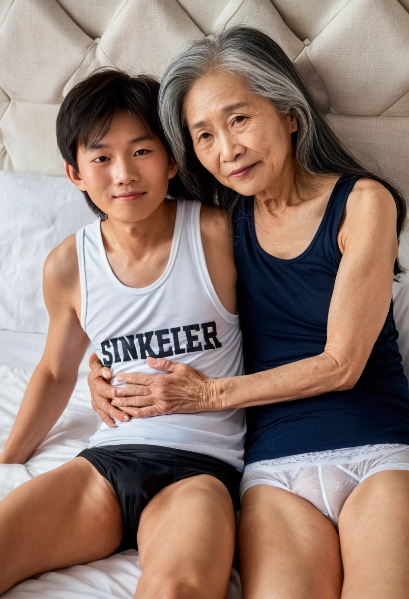 Asian mother, 65 years old, long and gray hair wearing a singlet and miniskirt and white, lying in bed, hugged by his 17 year old son, wearing underwear.
