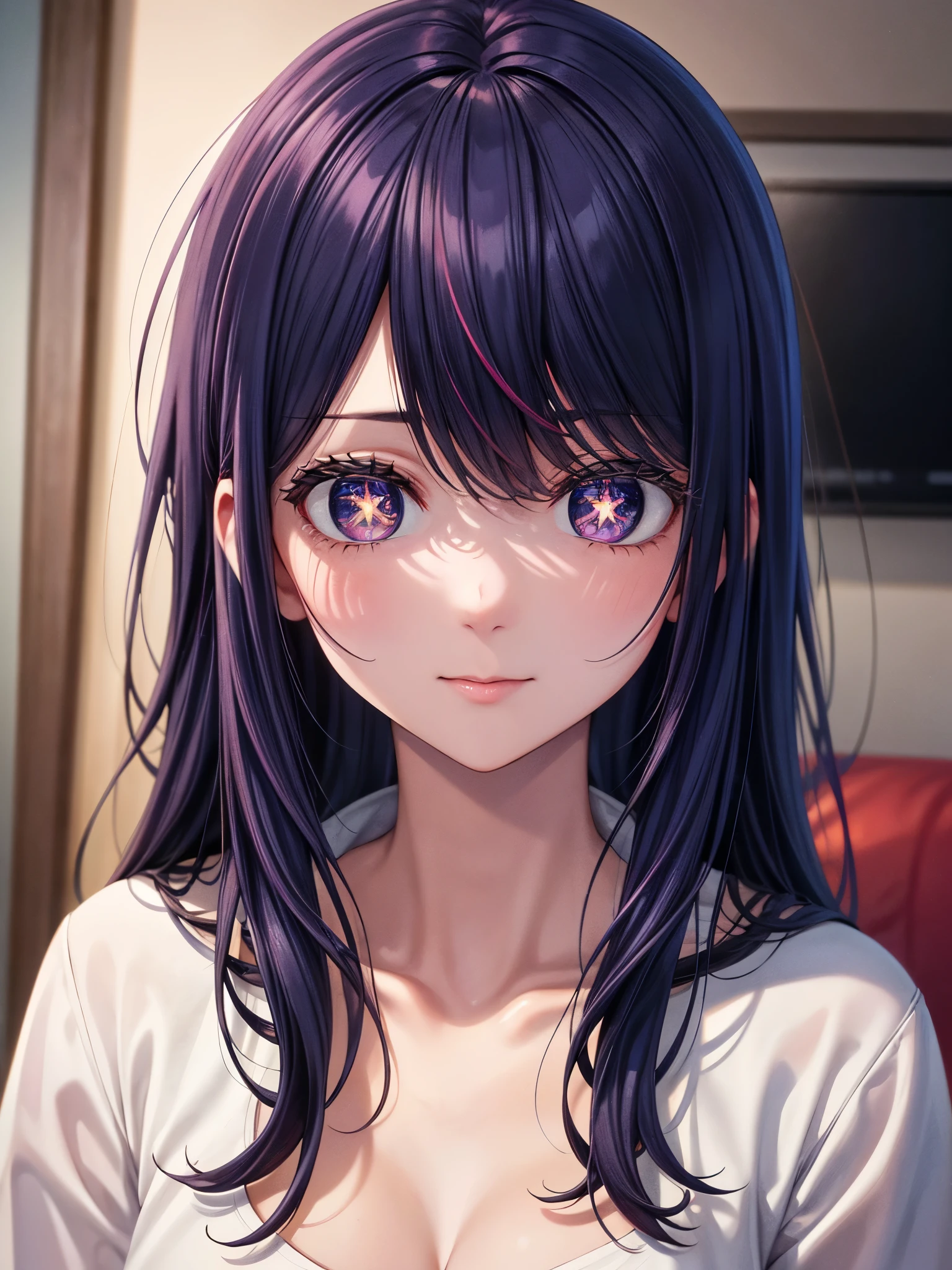 (8k, Ultra-high resolution, The best masterpiece, best quality:1.2), Very detailed, portrait, Half Body, side, focus on eyes, HD RAW photos, career arrest, High quality and beautiful, 超高清 8k 影像照片, confess, Professional photography, (actual, actual相片: 1.37), Very detailed的美麗女孩, Super delicate face shape, Contoured eyes, (Very detailed eyes), Delicate skin, (HD Skin:1.2), Neatly contoured fingers, (20:1.2), Twenty generations, cute girl, young beautiful mother, solo, Ai Hoshino, Hoshino Ai, (Wear comfortable loungewear), Vibrant look, (Layperson, Living room), Dynamic dark purple long hair, shiny purple eyes, (Star-shaped pupil:1.5), one hand raised, Sensual, warm, Exuding motherly love, perfect anatomy, Detailed background, HD Background, Volumetric lighting, actual, stunning details, 8k Ultra HD, high quality, CG unity, C4D Rendering, 3D Rendering, Octane Rendering,