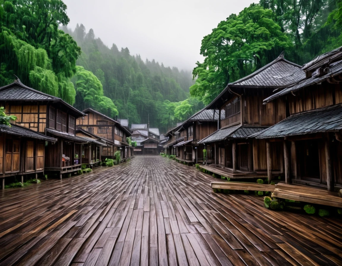 Wooden town with large and tall rectangular buildings built onlywith wooden planks, in a very rustic and very ancient architecture. The city is surrounded by a large lush forest. The weather is very rainy.