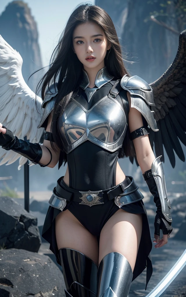 Ultra-high resolution,High-resolution details,18-year-old beauty,Exquisite facial features,Sexy lips,A powerful angel in heavenly armor, Sword with shield, Black wings, The Bad Guys,Be prepared for battle ,Background of the battle between the two armies,Imposing