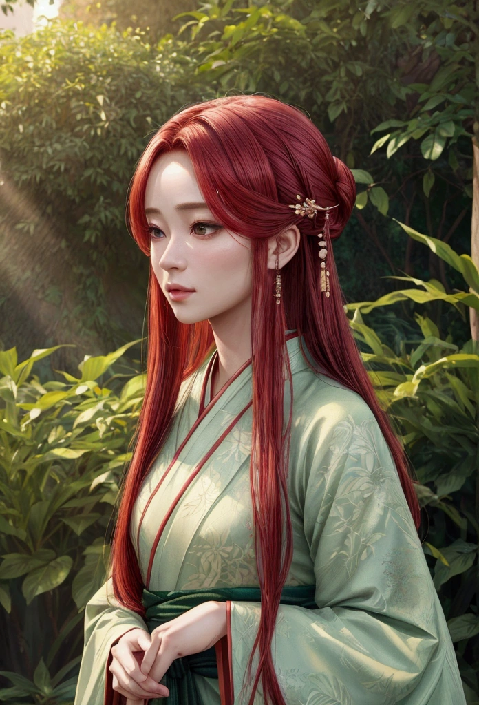 A beautiful woman with long green and red hair, wearing a simple and elegant hanfu, standing in a serene garden with lush vegetation, (best quality,4k,8k,highres,masterpiece:1.2),ultra-detailed,(realistic,photorealistic,photo-realistic:1.37),detailed intricate hanfu, detailed facial features, detailed eyes and lips, detailed hair strands, beautiful garden landscape, warm lighting, soft colors, ambient occlusion, cinematic composition