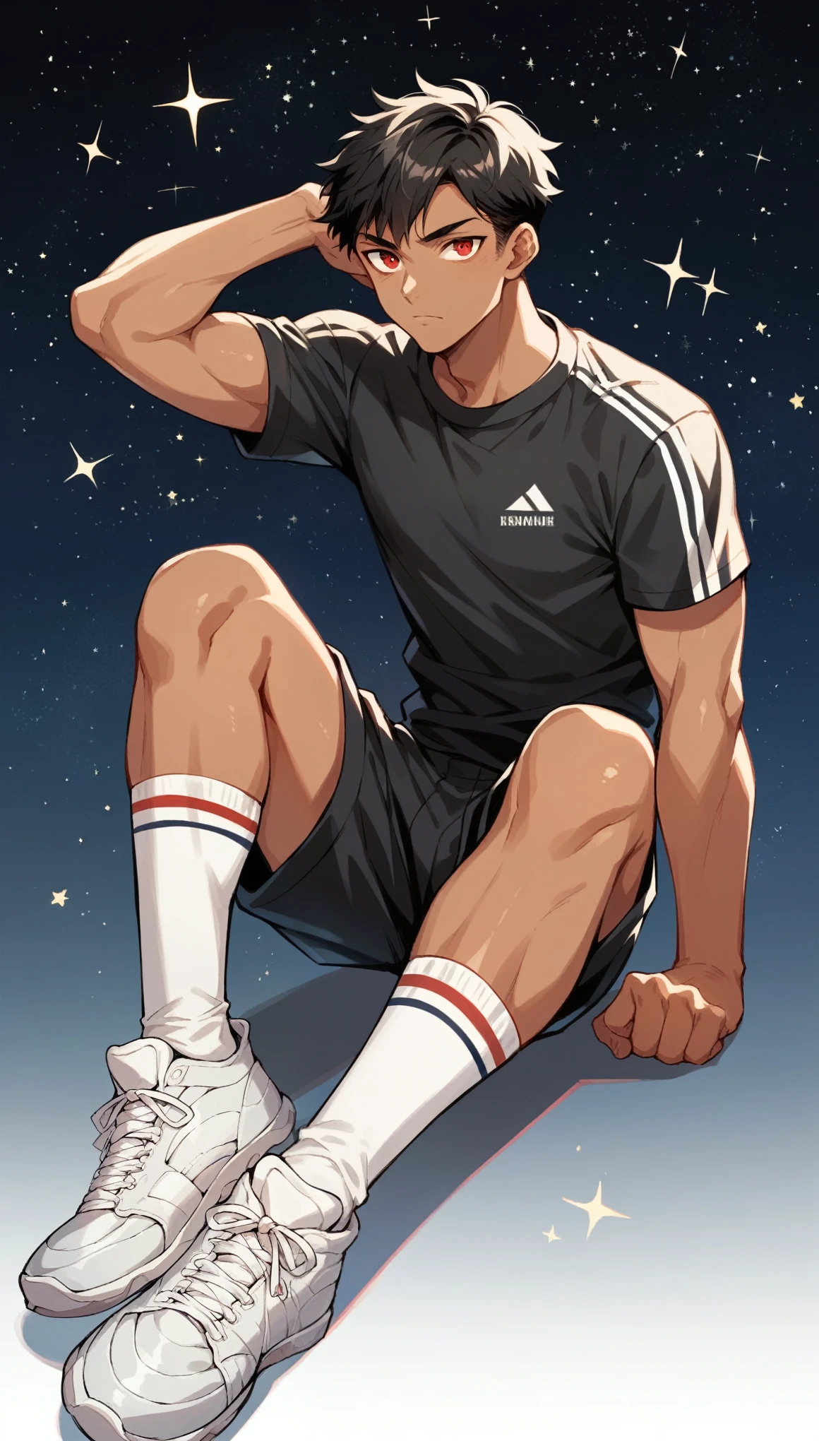 Handsome boy,Black Hair，Tanned skin，black sports wear，Slim body，He has a pair of warm red eyes，Stars background，White socks，White sneakers，Vision