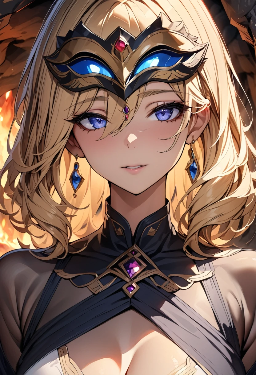 high resolution, masterpiece, best quality, full-body shot, Tempting, 完美的light, (in cave:1.1), (Fire Keeper), Very delicate beautiful face, Practical, Eight thousand, HDR, masterpiece detailed, light, aldult, Perfect skin, woman, Looking at the audience, portrait,Wearing a jeweled mask to cover the eyes,blonde