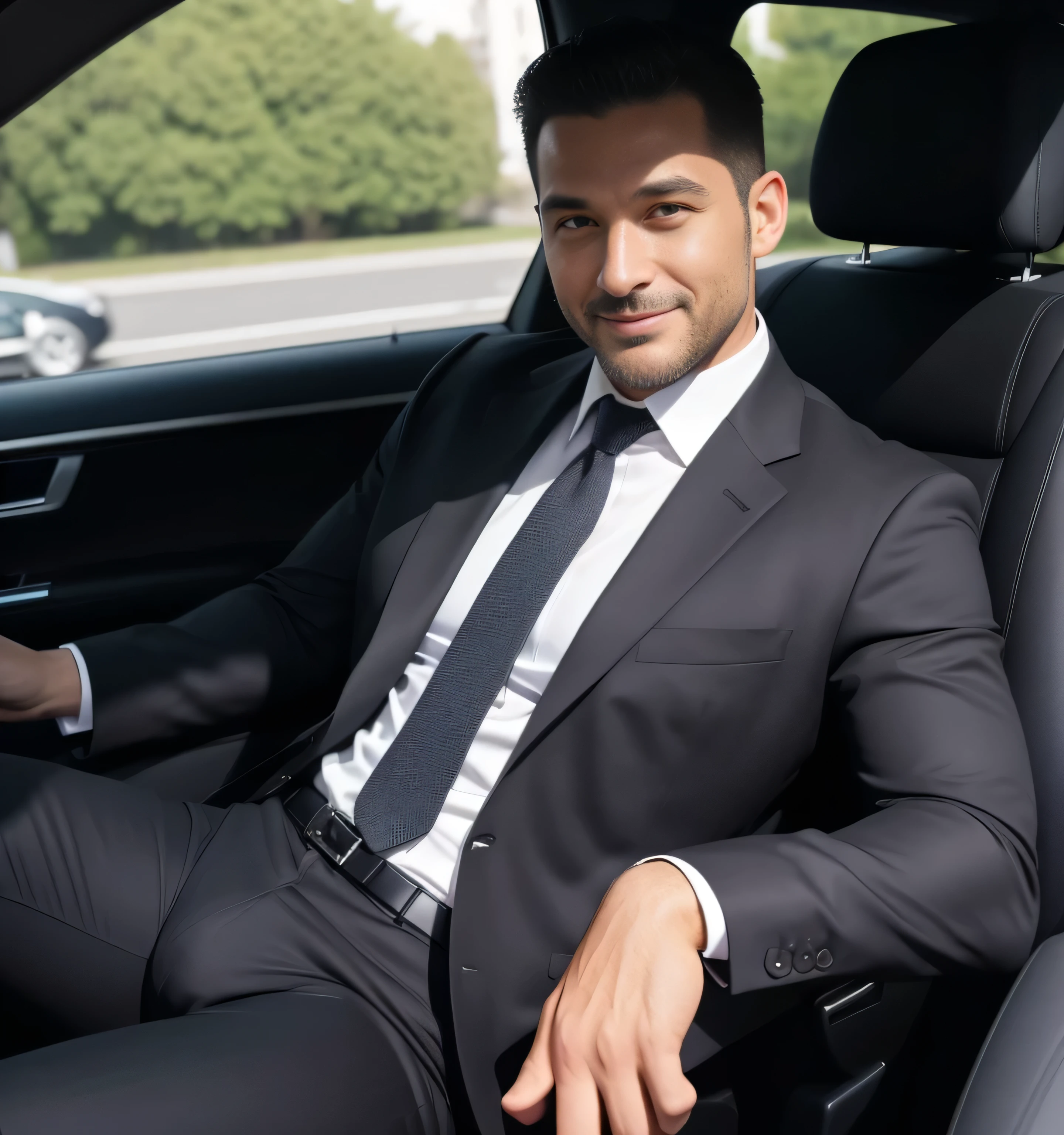 40 years old,One Man,Black Suit,Inside the car、mafia、legs wide open、The  area of the pants is bulging,bulging、MusclesMuscles,Gay ,Short Hair,Short Hair、all back、Stubble,Turk、Handsome Dad,Hermes Belt、chest hair、smile