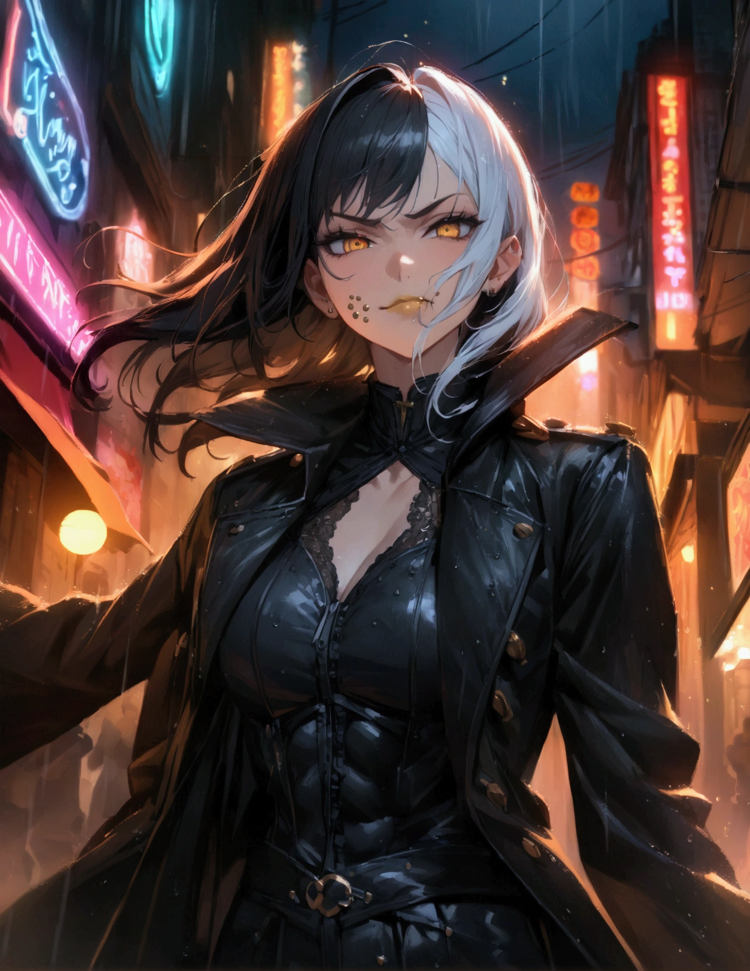 (anime women looking at guy with long dark hair in coat), dark outfit with red and blue details, white hair, (golden dragon eyes) standing in a rain soaked, city street at night, cinematic lighting (best quality:1.2)detailed, neon lights, vivid colors,bokeh, angry looking face with smirk on mouth, piercing, ABS, ((face piercing)), gaze, 4k, particles in the air, powers, amazing art work full of details, dynamic movement, (gold lips)