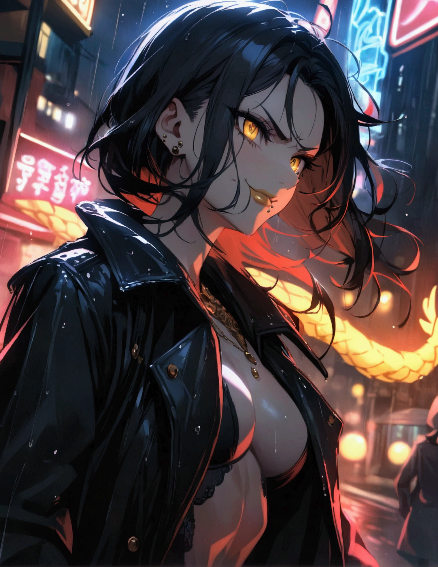 (anime women looking at guy with long dark hair in coat), dark outfit with red and blue details, white hair, (golden dragon eyes) standing in a rain soaked, city street at night, cinematic lighting (best quality:1.2)detailed, neon lights, vivid colors,bokeh, angry looking face with smirk on mouth, piercing, ABS, ((face piercing)), gaze, 4k, particles in the air, powers, amazing art work full of details, dynamic movement, (gold lips)