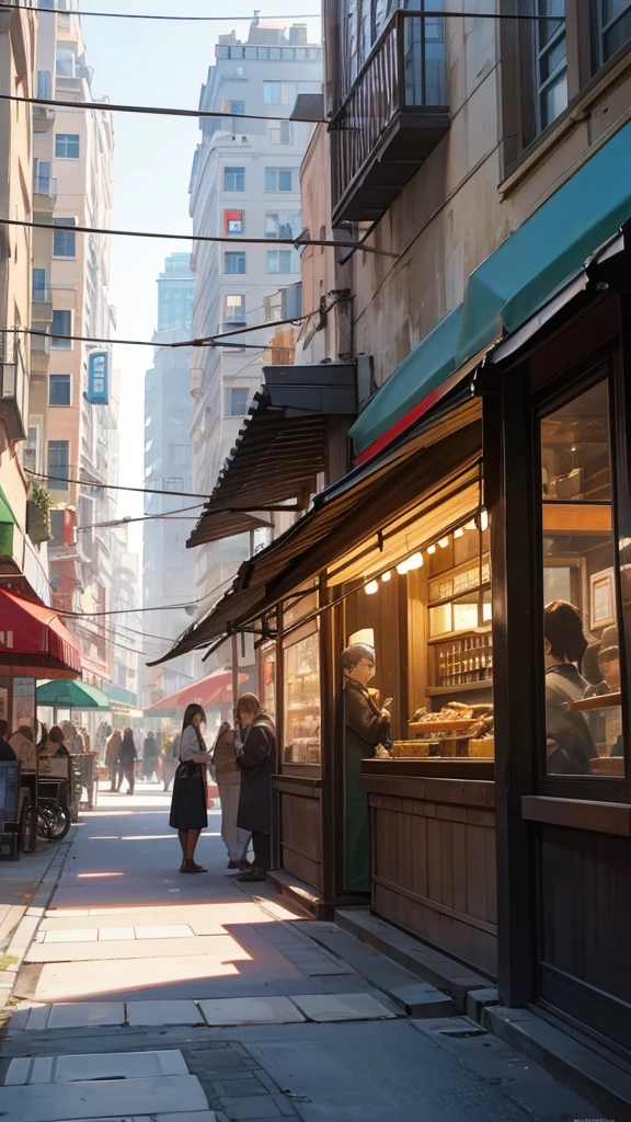 At a residential intersection in the city center, old and new buildings blend seamlessly, while food trucks line the streets, creating a vibrant unity between history, modernity, and delicious culinary delights