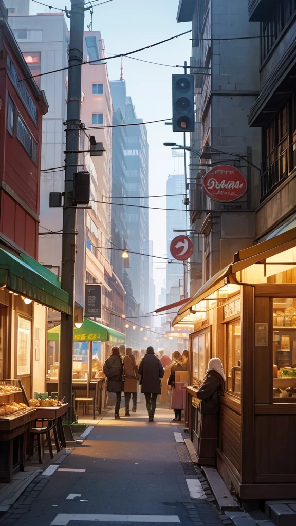 At a residential intersection in the city center, old and new buildings blend seamlessly, while food trucks line the streets, creating a vibrant unity between history, modernity, and delicious culinary delights