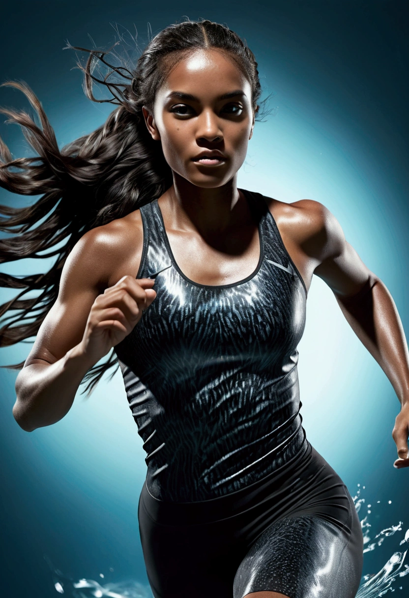 photorealistic double exposure of, a black_metal panther{(running stance)(shiny)(reflective metal texture)(sleek and polished)}{BREAK}1girl, sprinter athlete in motion, blurred edges, slow shutter speed motion photography, shot on FujiFilm XT4 camera f/2. ISO 200, long hair, dramatic light, intricate detailed, a water element transition movement of color background(face detailed:1.5)