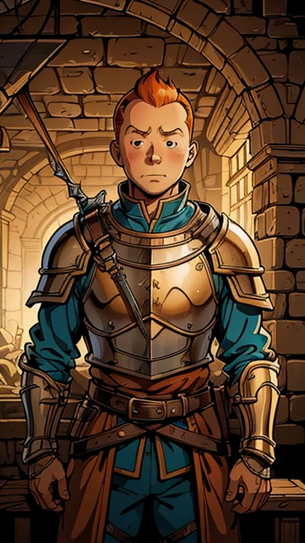 (1man, Tintin,1boy), (extremely detailed CG unit 8k wallpaper),(master part), (best quality), (ultra detail), (best illustration),(style Dan Mumford), cowboy shot,(Sharp eyeliner, ombre, detailed eyes:1),Dark Medieval Dungeon interiors background,break,(medieval armor),upper body,short hair,orange hair